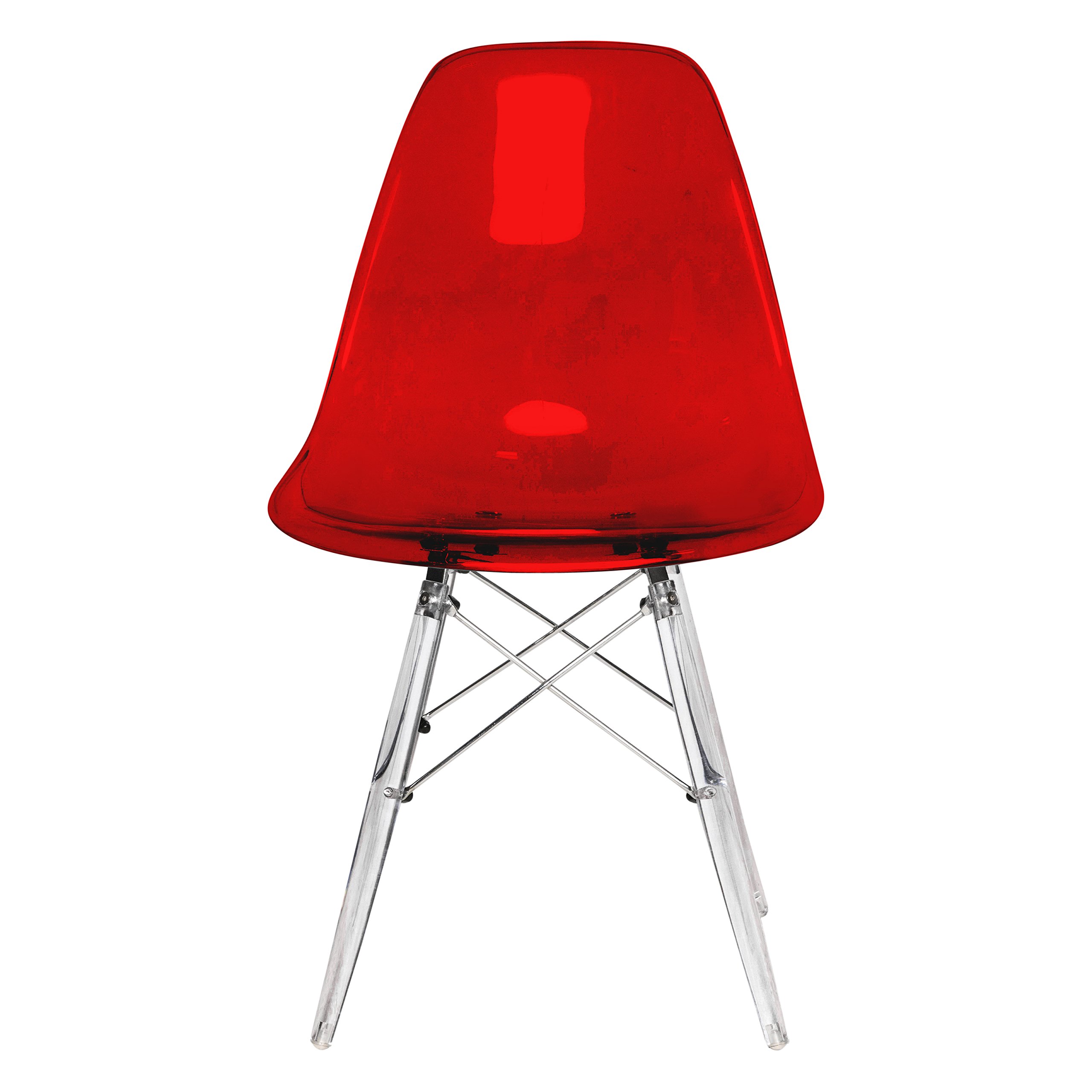 LeisureMod Dover Molded Side Chair with Acrylic Legs - Set of 4 Transparent Red Modern Dining Chairs for Kitchen, Dining Room & Office - Comfortable & Stylish Seating Solution