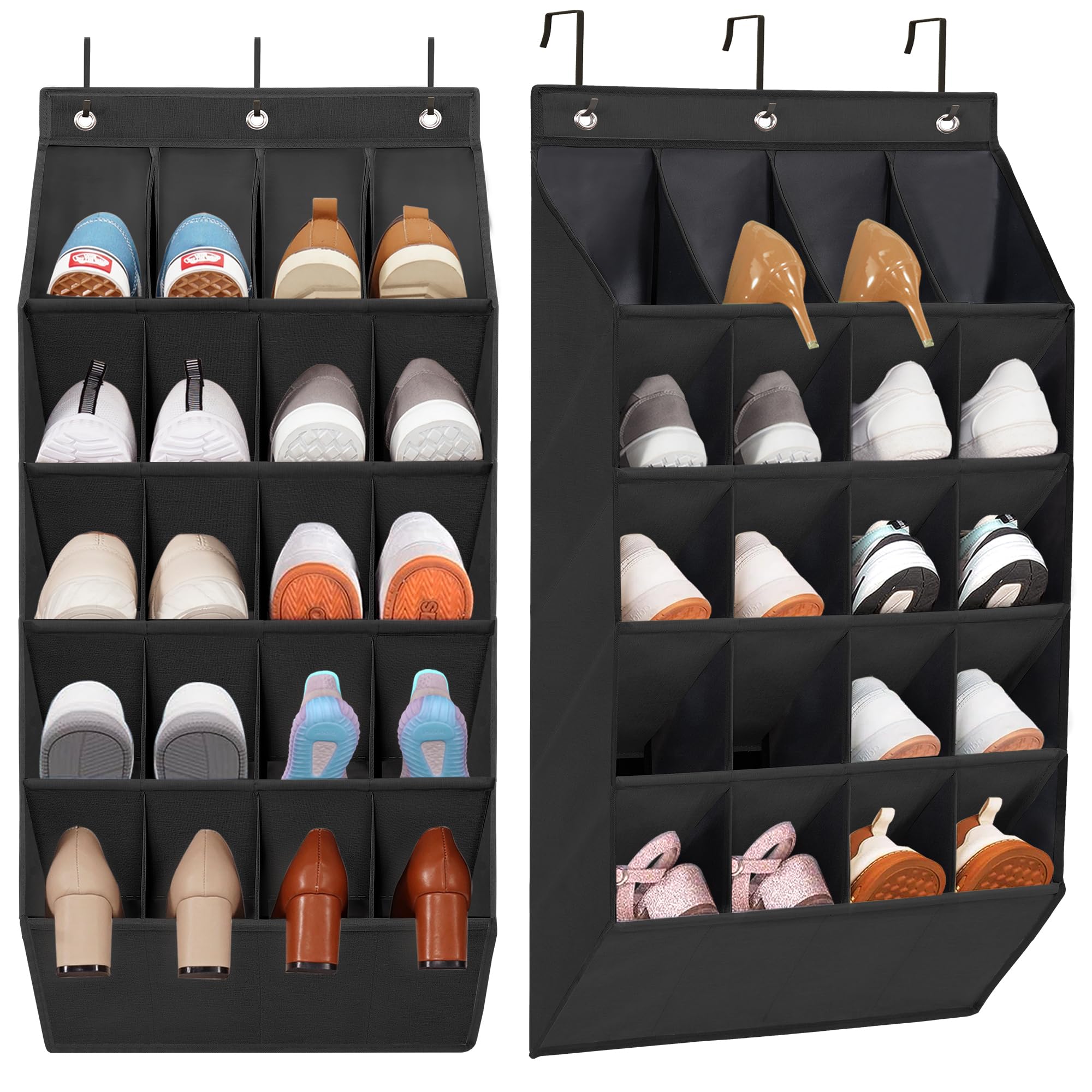 2 Pack Over The Door Shoe Organizer with 20 Large Pockets - Heavy Duty Hanging Closet Storage Rack for Sneakers, Boots & Shoes - Space Saving Solution for Bedrooms, Closets & Dorm Rooms (Black)