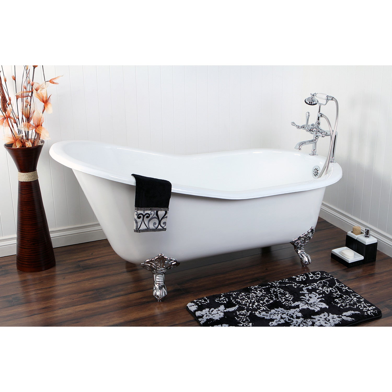 Aqua Eden 61 Inch White Cast Iron Clawfoot Bathtub - Oval Single Slipper Tub with Polished Chrome Faucet Drillings | Vintage Bathroom Decor, Luxury Spa Experience, Freestanding Soaking Tub for Master Bathrooms