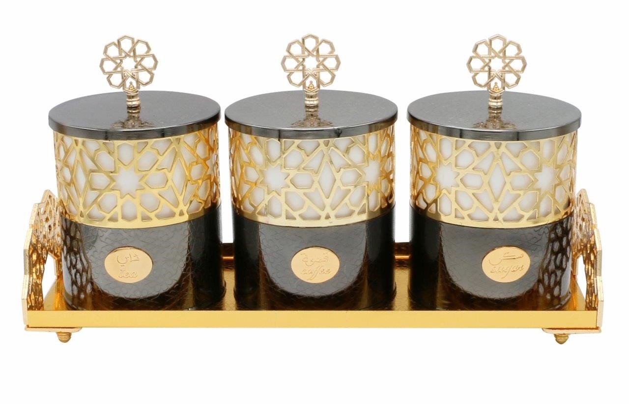 Elegant Ottoman Style Storage Containers Set of 3 - Ceramic & Metal with Stand for Home Organization - Perfect for Living Room, Bedroom & Bathroom Decor
