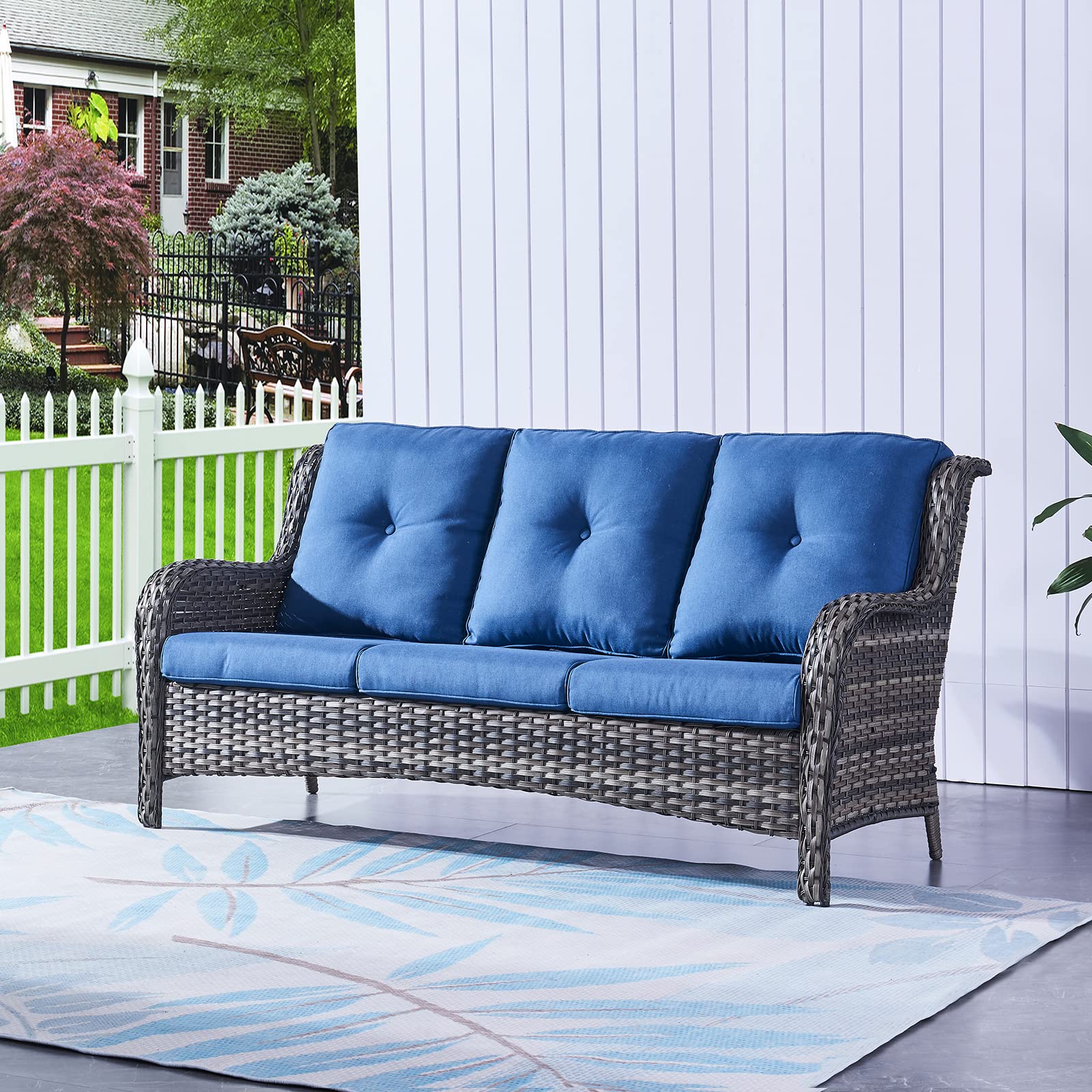 HUMMUH 3-Seat Outdoor Wicker Sofa Set with Cushions - PE Rattan Patio Couch, Deep Seat & High Curved Back Armrest - Perfect for Garden, Poolside, and Backyard Relaxation