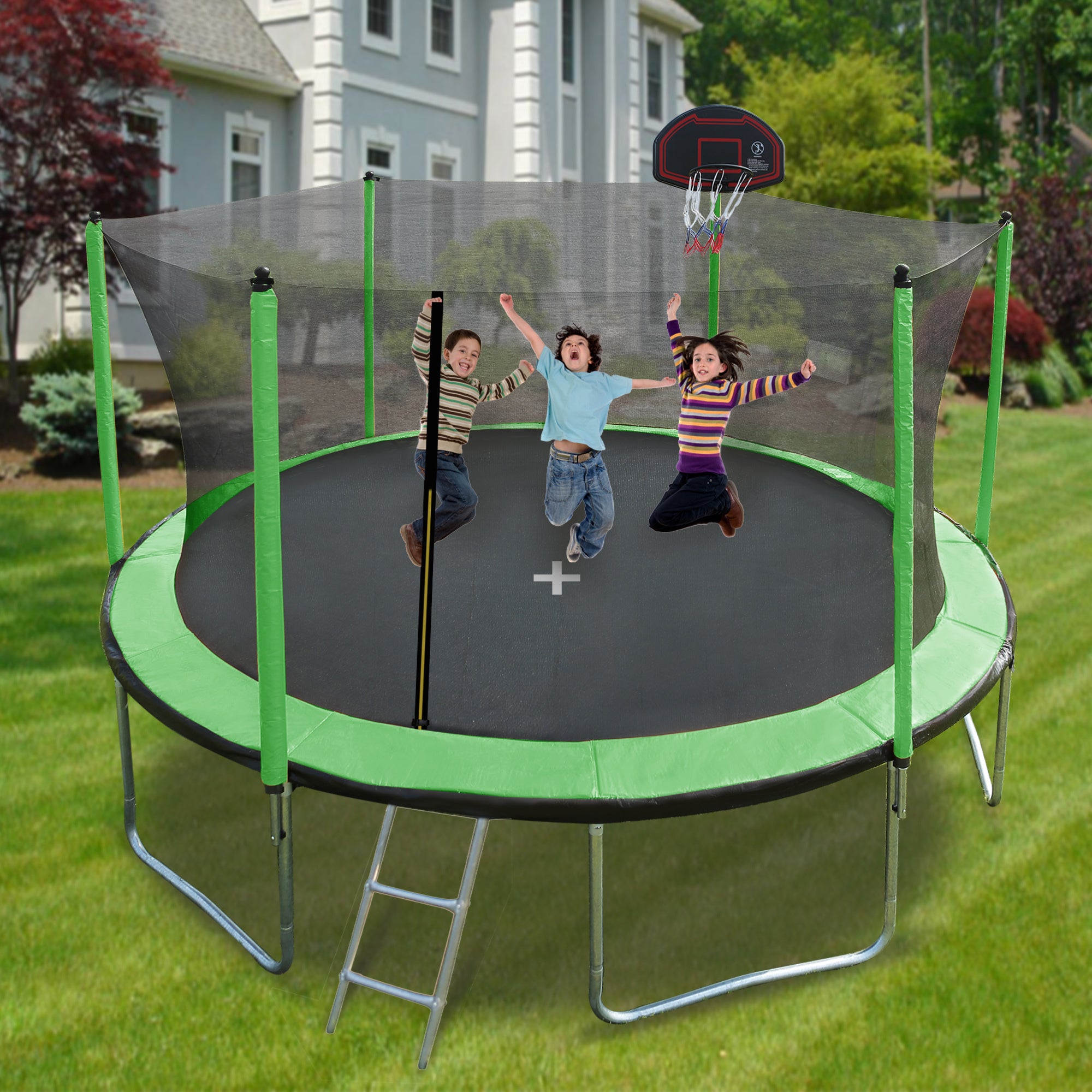 15FT Trampoline with Basketball Hoop, Air Pump & Ladder - Green Outdoor Bounce Set with Safety Enclosure for Backyard Fun & Exercise