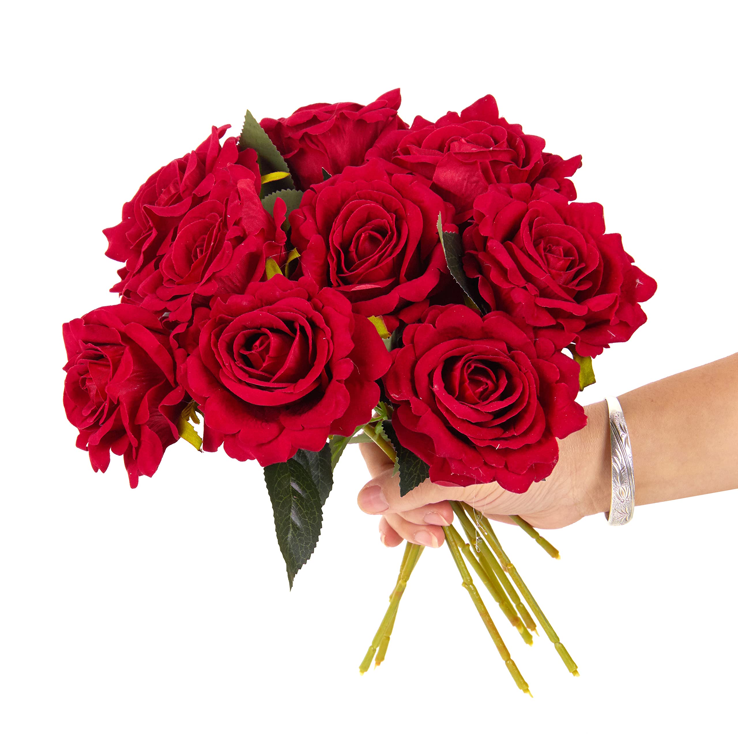 12pcs 12 Inch Velvet Rose Artificial Flowers with Stem and Leaves - Realistic Velvety Floral Stems for Home Decor, Wedding Centerpieces, DIY Bouquets, Table Arrangements (Red)