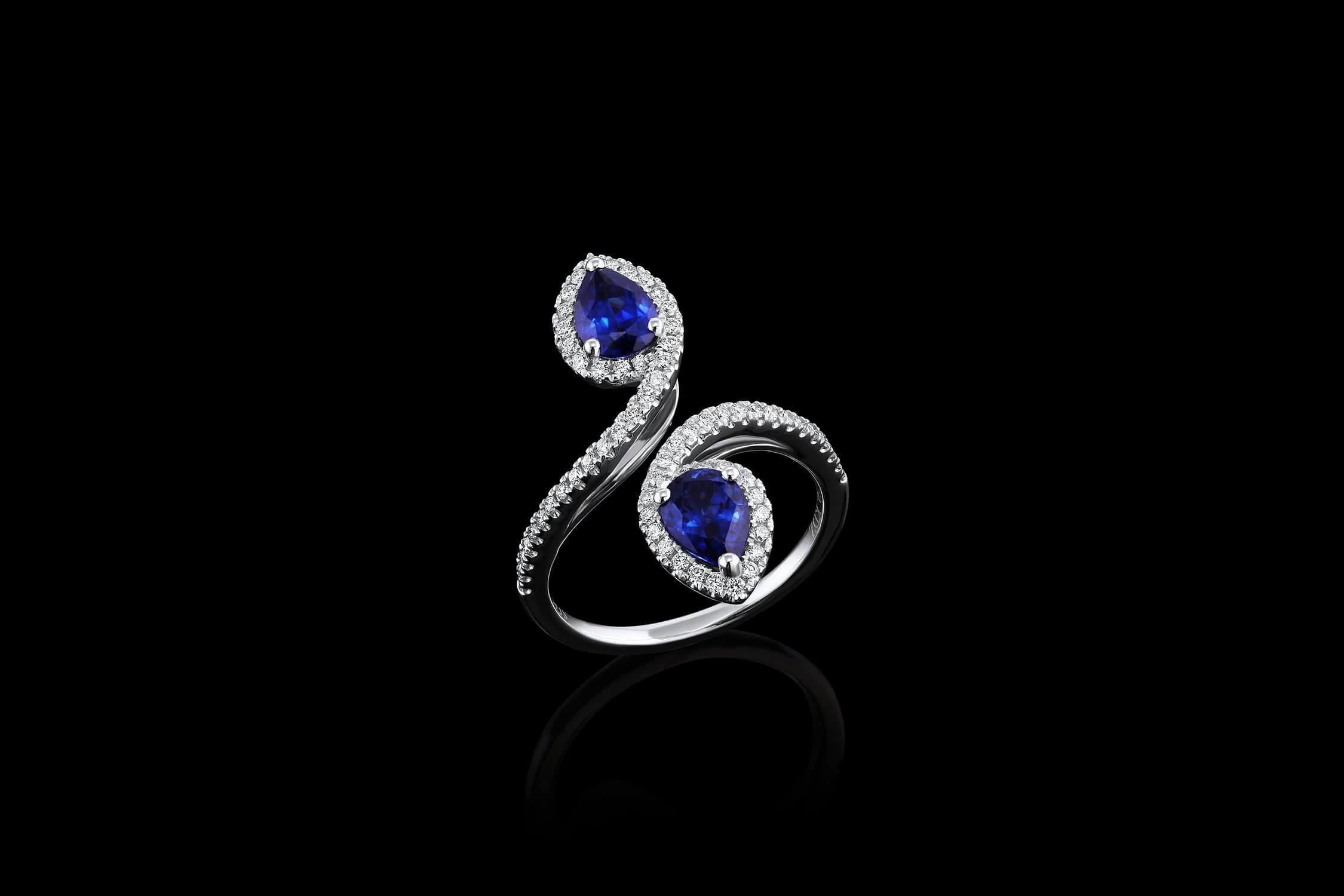 18K White Gold Pear Shaped Blue Sapphire Diamond Bypass Ring for Women - Elegant Engagement, Wedding, Anniversary Jewelry Gift for Her