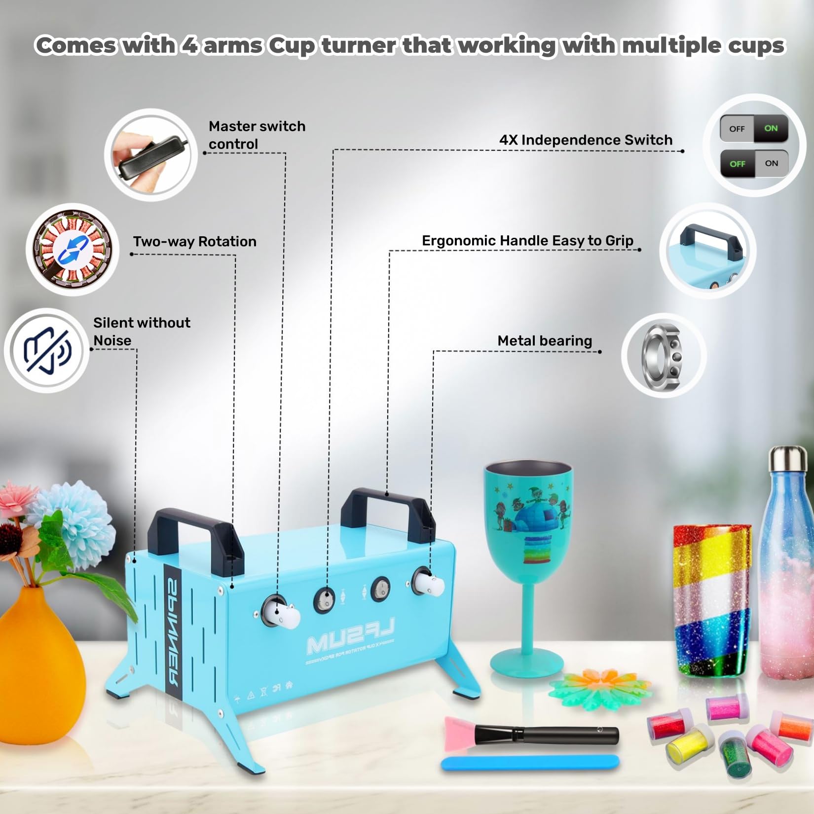 **LFSUM 4-Arm Cup Turner for DIY Epoxy Resin Tumblers – Multi Tumbler Spinner Machine Kit for Glitter & Craft Projects – Perfect for Epoxy Coating, Cup Decorating & DIY Gifts (4X-Cup-Blue)**