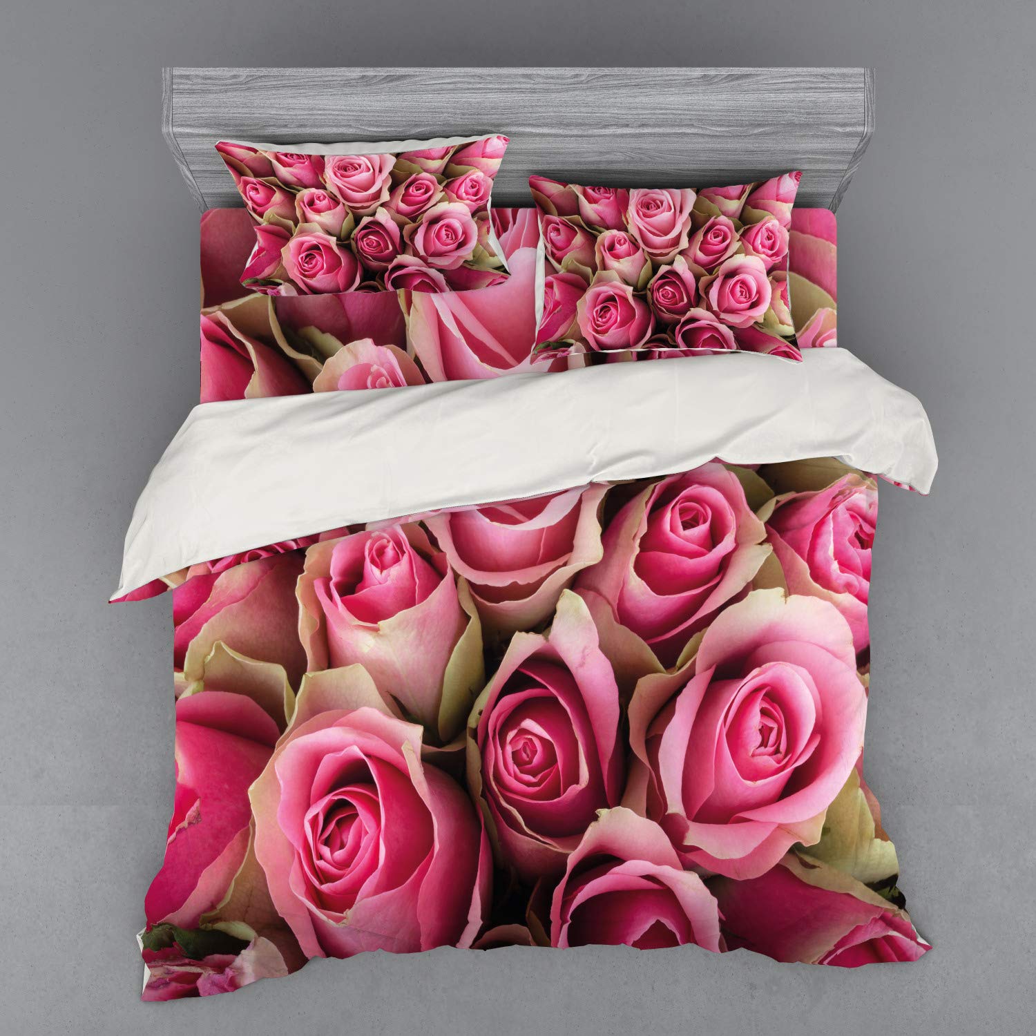 Ambesonne Rose Duvet Cover Set - Blooming Pink Roses Bridal Bouquet Romantic Bedding 4-Piece Set with Shams & Fitted Sheet, King Size in Pale Green & Pink | Perfect for Valentine's Day, Bridal Suite, Master Bedroom Decor & Romantic Gift Idea