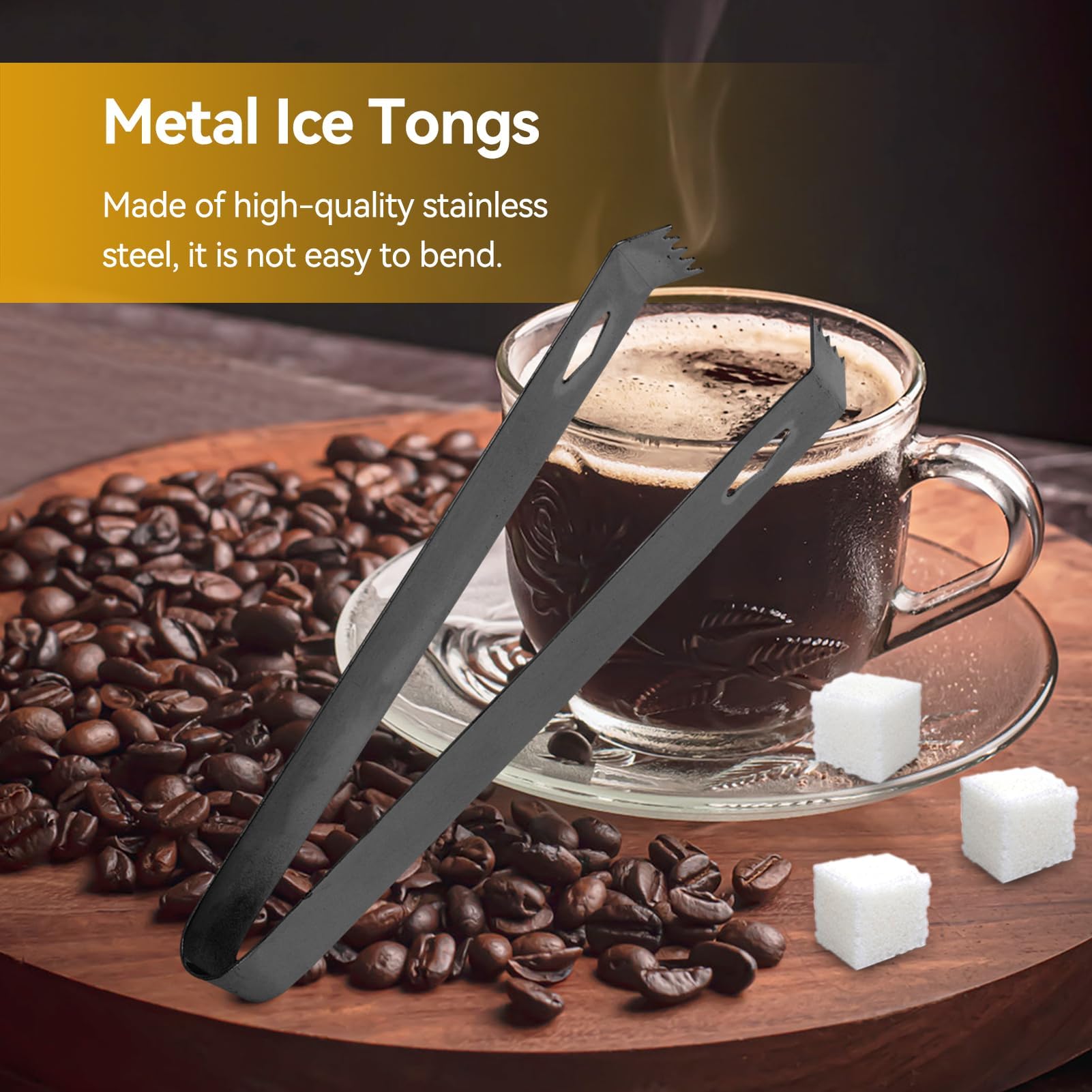 Premium Stainless Steel Ice Tongs - 6.7 Inch Bar Tongs for Ice Bucket, Cocktails, Sugar Cubes & Food Serving - Durable Metal Tongs for Bartending, Home Bar & Party Hosting (Black)