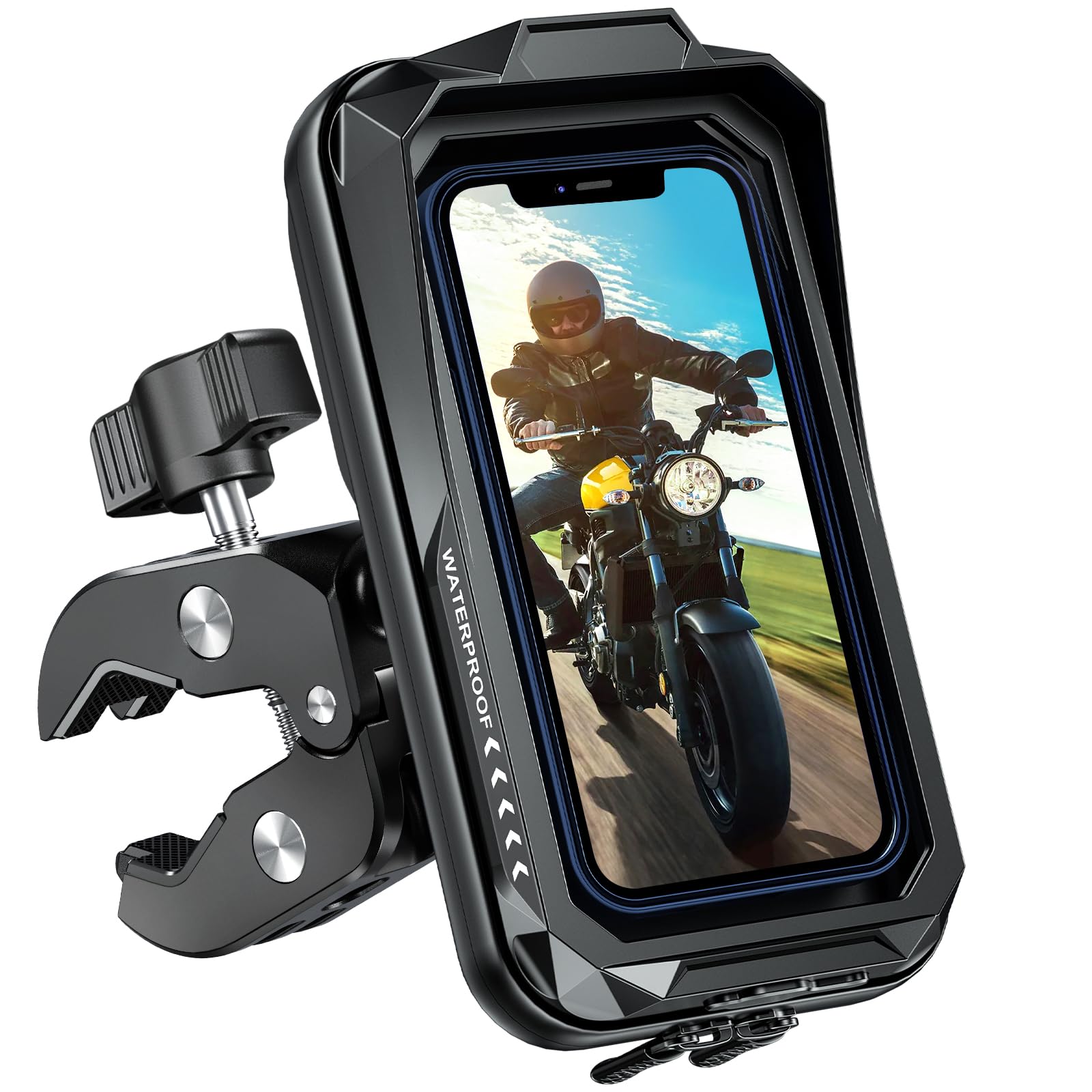 BTNEEU Universal 360° Rotating Anti-Vibration Motorcycle Phone Mount Holder - Waterproof Touchscreen Compatible for Smartphones up to 7 Inches (Black) - Perfect for GPS Navigation, Riding Safety & Hands-Free Calls on Harley, Yamaha, Ducati & More