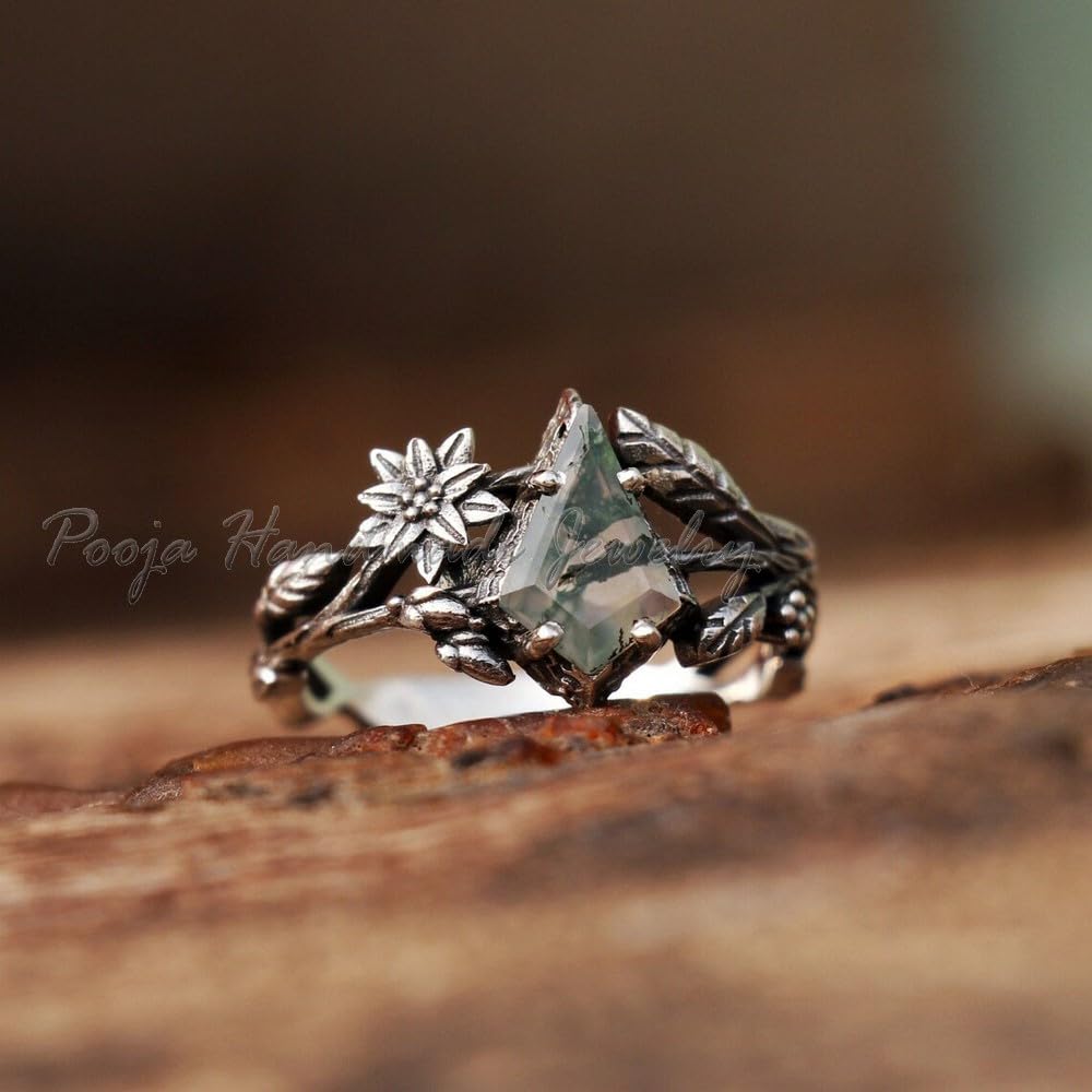 925 Sterling Silver Moss Agate Kite Cut Ring - Handmade Nature Inspired Tree Branch & Flower Design Boho Ring for Women | Perfect Mother’s Day Gift, Wedding, Anniversary & Everyday Wear