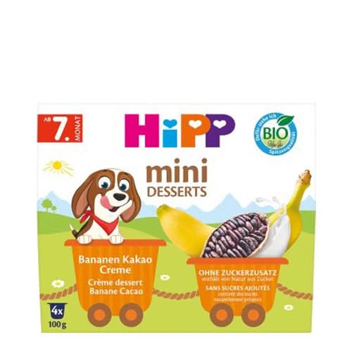 Organic HiPP Mini Desserts in a Cup - Banana Cocoa Cream (4x100g) | Healthy Baby & Toddler Snacks | Perfect for Lunchboxes, Daycare & On-the-Go Treats (EXP:10/27/25)