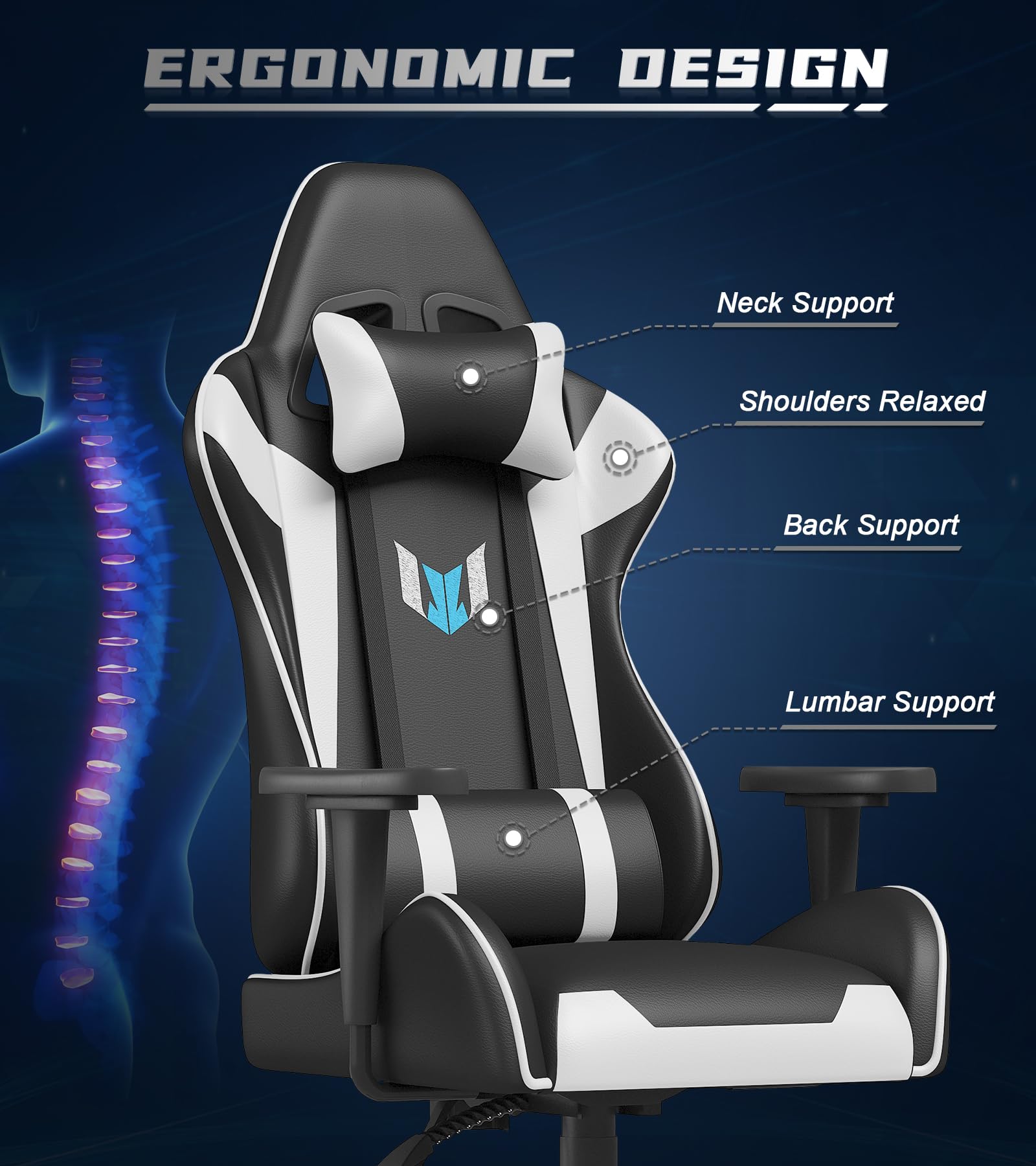 Bigzzia Ergonomic Gaming Chair - Adjustable Height Swivel Office Desk Chair with Lumbar & Headrest Support, Racing Style PU Leather Computer Chair for Video Gamers (Black/White) - Perfect for Esports, Streaming & Home Office Workspace