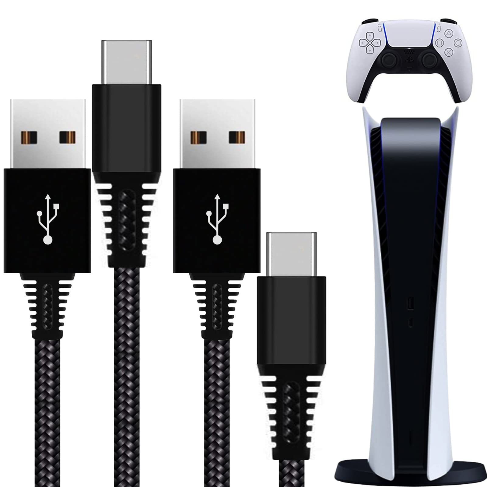 Premium PS5 Controller Charger Cable 2 Pack - 7FT Nylon Braided USB-C Charging Cord for DualSense Wireless Controller - Fast Charging & Durable (Black) - Perfect for Gaming Sessions & Travel Accessories