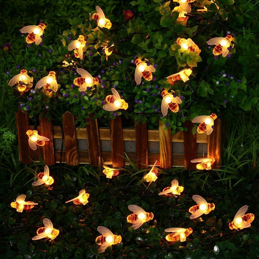 Honeybee Solar String Lights - 20FT Waterproof 30LED Bumble Bee Shaped Solar Powered Fairy Lights for Outdoor Garden, Patio, Yard, Summer Party, Wedding & Christmas Decorations (Warm White) | Perfect for Backyard, Porch, Fence, Tree & Holiday Lighting