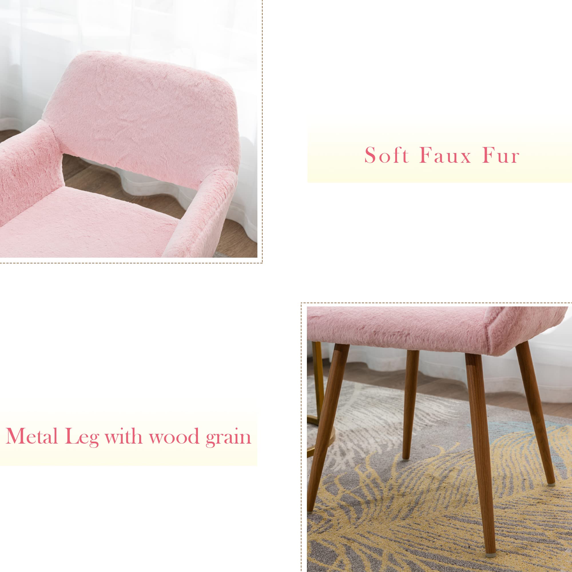Mid-Century Modern Faux Fur Desk Chair Set of 2 - Pink Accent Armchairs with Wood-Look Metal Legs for Teen Girls, Living Room, Home Office & Vanity Makeup Station - Comfy Non-Rolling Seating for Study, Gaming & Relaxation