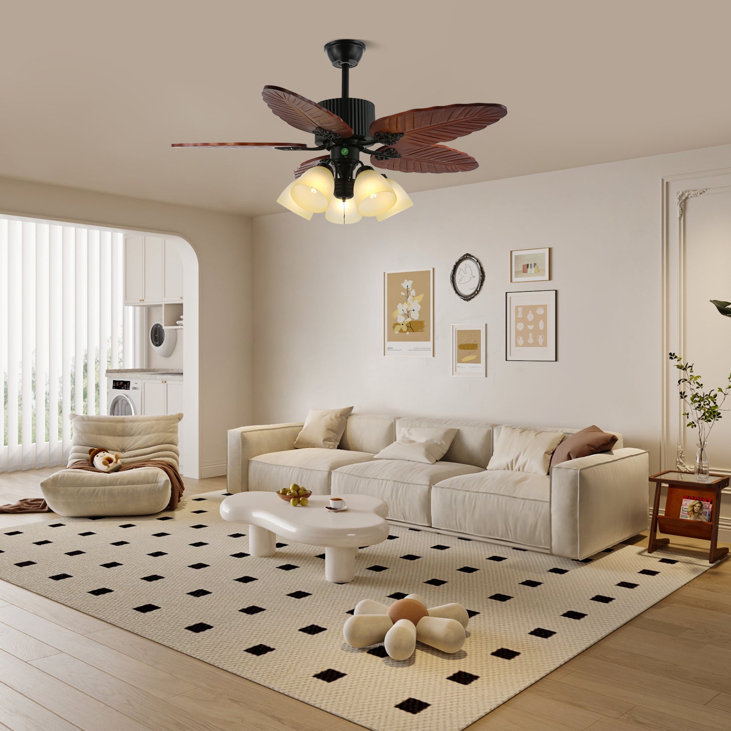 Natural Banana Leaf Ceiling Fan with Light - Tropical Decor for Home, Bedroom, or Outdoor Patio