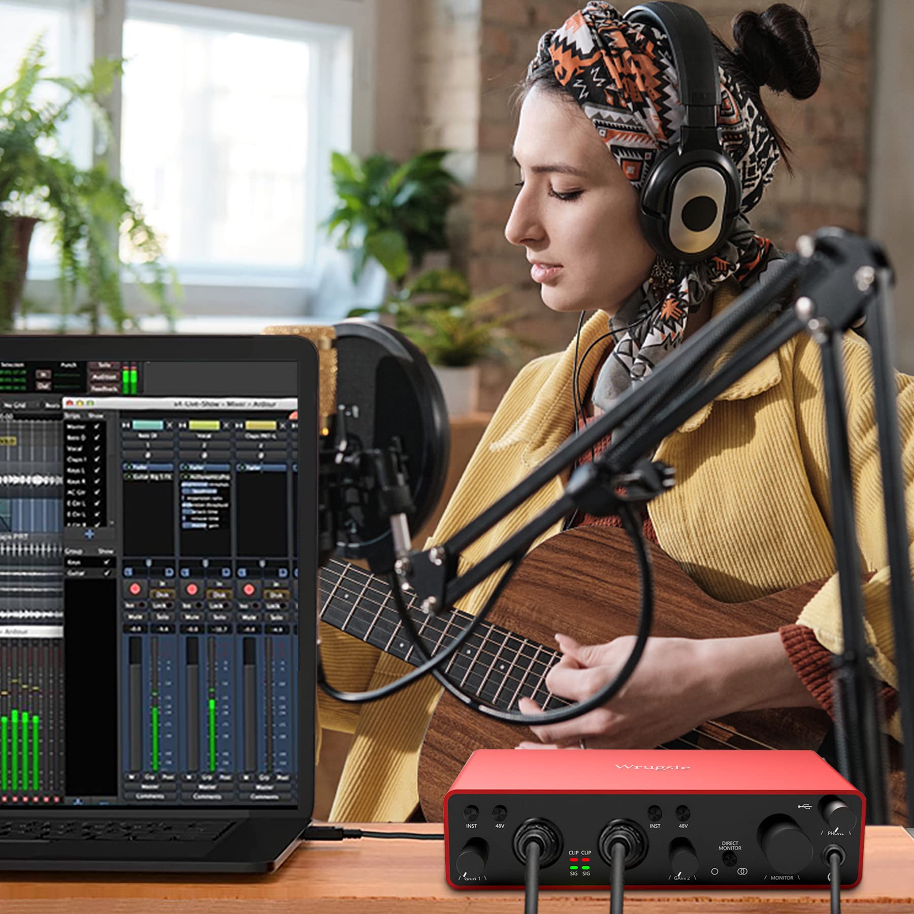 Wrugste Professional XLR Audio Interface - 24Bit/192kHz USB Recording Interface with Ultra-Low Latency, 48V Phantom Power & Plug & Play for Podcasting, Streaming, Music Production - Perfect for Home Studio, Voice Overs & Live Performances