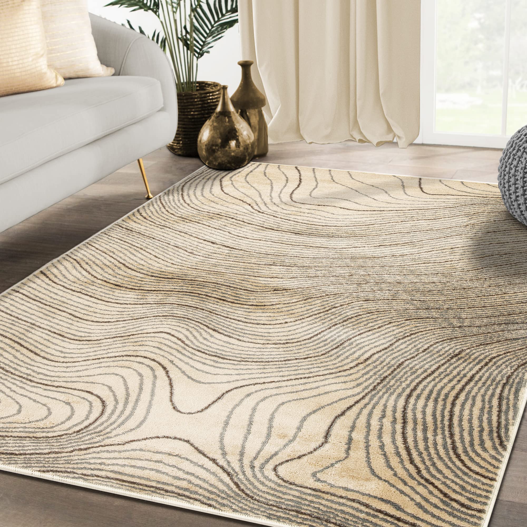 Premium Plush Indoor Area Rug - Soft High-Traffic Carpet with Jute Backing | Modern Abstract Wood Grain Design | 8' x 10' Beige Veer Collection | Perfect for Hallways, Entryways, Living Room, Office & Kitchen Decor