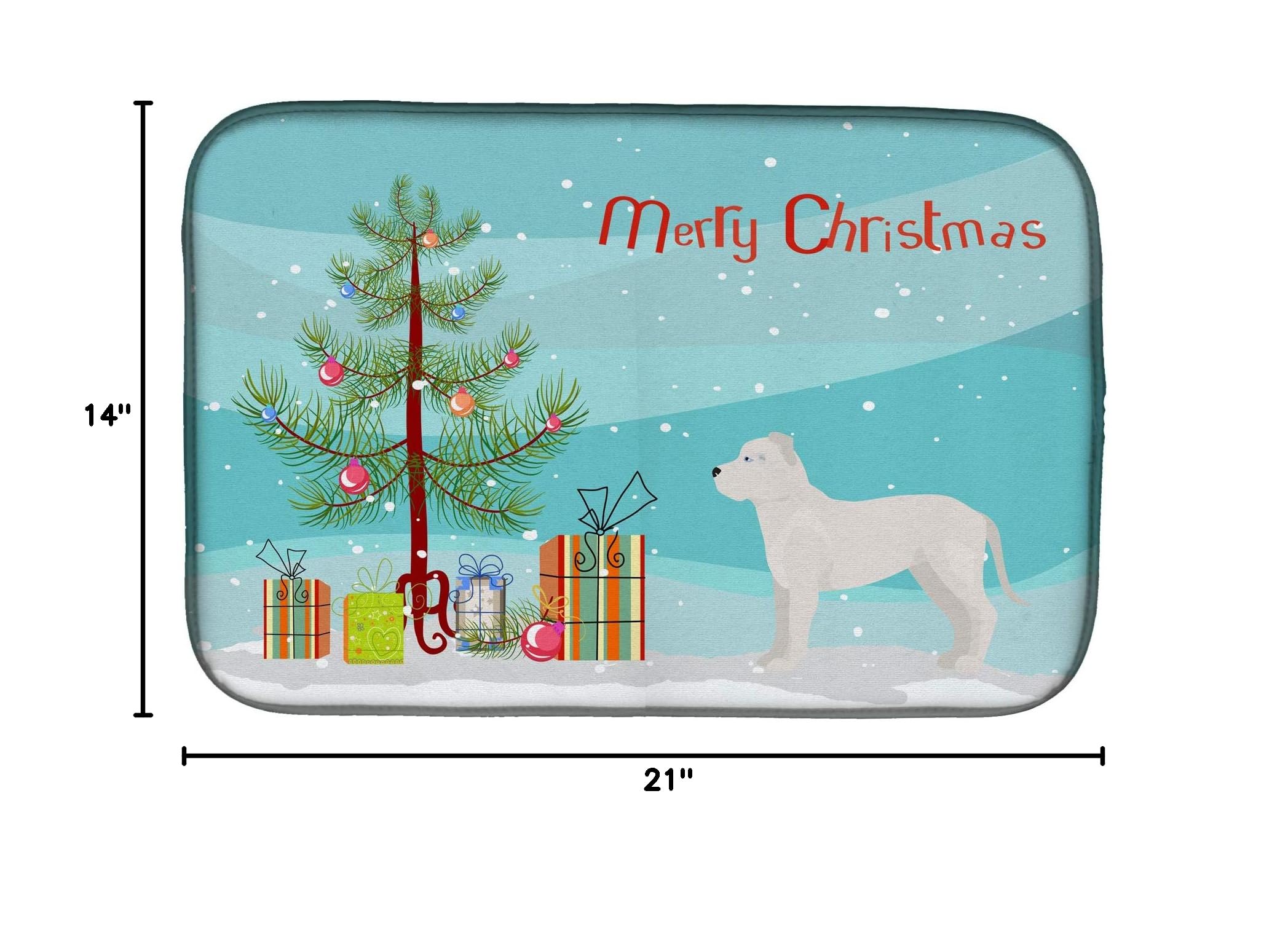 White Bullboxer Christmas Dish Drying Mat - Absorbent Kitchen Counter Pad (14x21