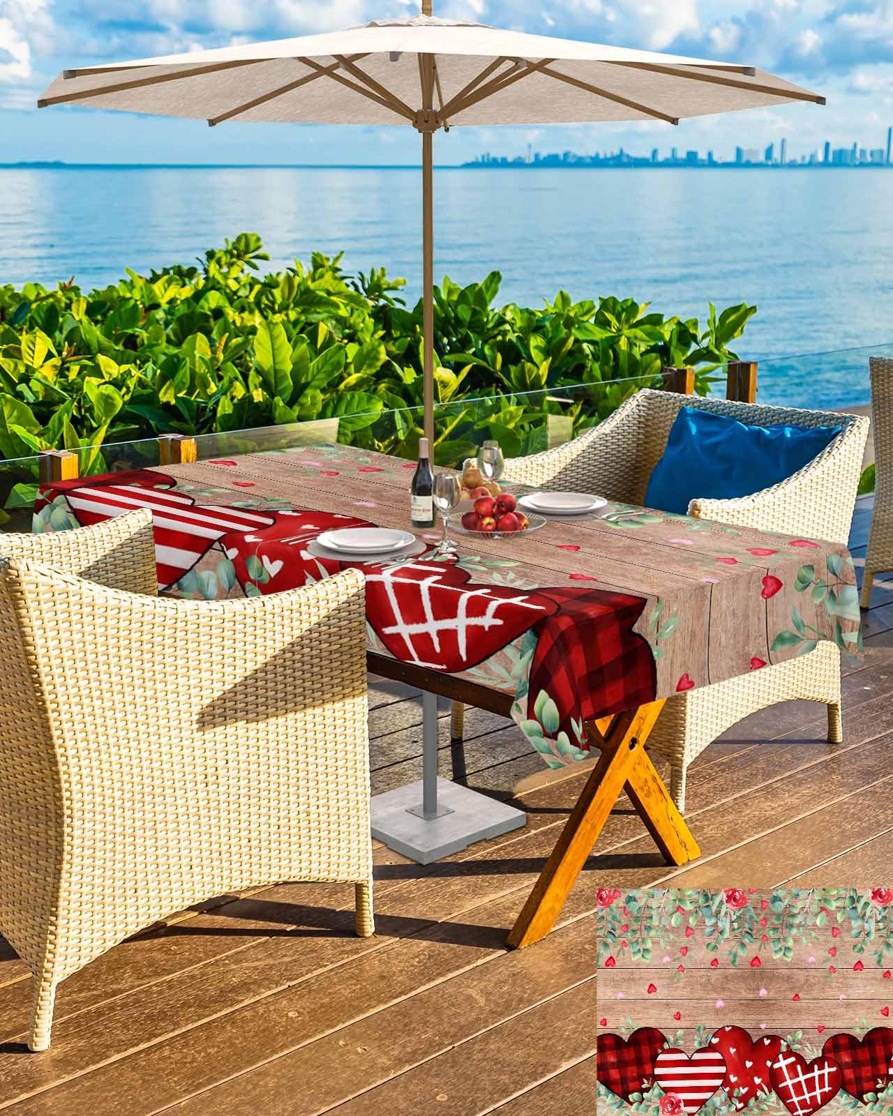 Valentine's Day Red Heart Tablecloth with Umbrella Hole & Zipper - Waterproof Spillproof Rectangular Table Cover for Outdoor Dining, Picnic, Party & Patio - Wood Grain Texture Design