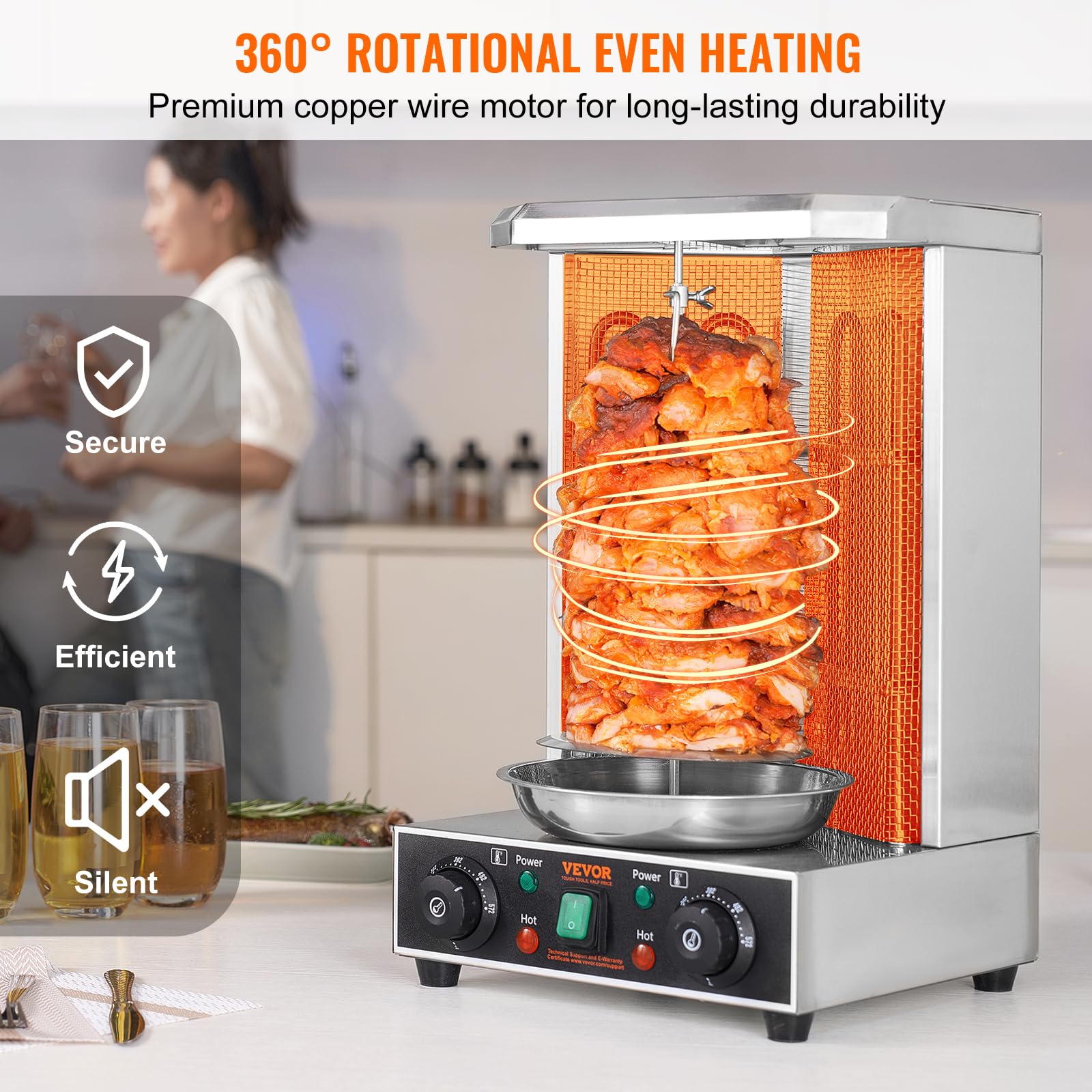 VEVOR Electric Shawarma Grill Machine - 13lbs Capacity, 2 Burners, 122°F-572°F Adjustable Vertical Rotisserie Oven for Chicken, Gyro & Doner Kebab - Perfect for Home Kitchens & Commercial Restaurants