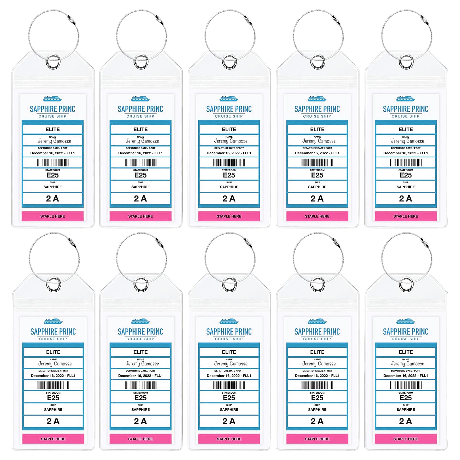 10 Pack Cruise Luggage Tag Holders - Waterproof Clear ID Tag for Holland America, Carnival, NCL, Princess & MSC Cruises - Durable Steel Loop Travel Essentials for Cruise Vacations & Ocean Getaways