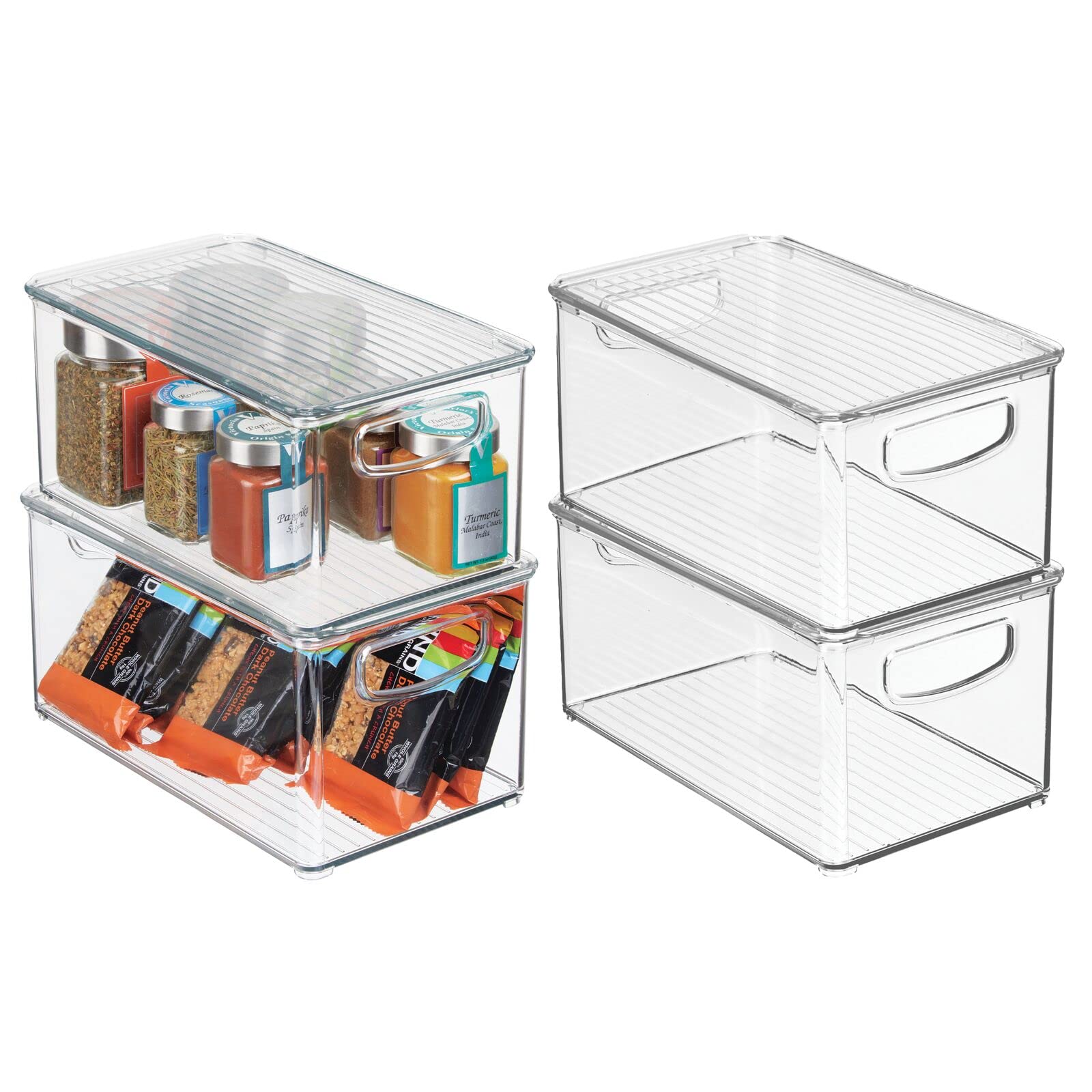 mDesign Plastic Deep Storage Bin Box with Lid & Built-In Handles - 4 Pack Clear Organizer for Kitchen Pantry, Cabinet, Cupboard - Perfect for Fruits, Snacks, Food Storage & Home Organization