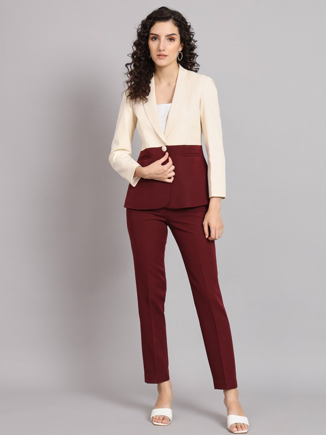 Stylish Off White & Maroon Colour Block Notched Collar Pant Suit for Women | Business Formal Attire, Office Wear & Special Occasions