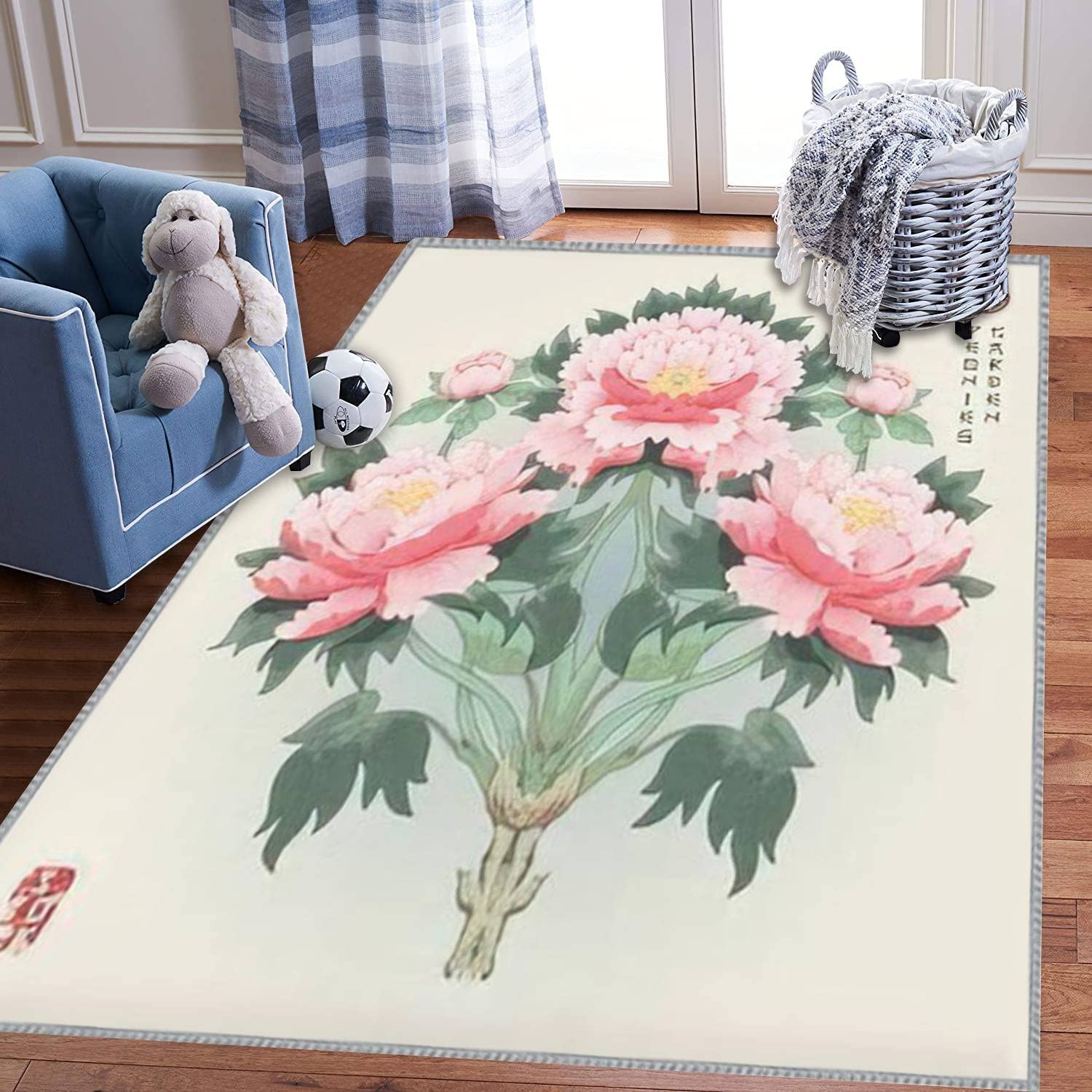 Extra Large Kids Play Area Rug 5x8 ft - Symmetrical Tree Peony Branch Design Inspired by Traditional Chinese Ink Painting, 3D Carpet for Bedroom, Playroom & Nursery Décor - Perfect for Learning, Playing & Sensory Development (Boys & Girls)