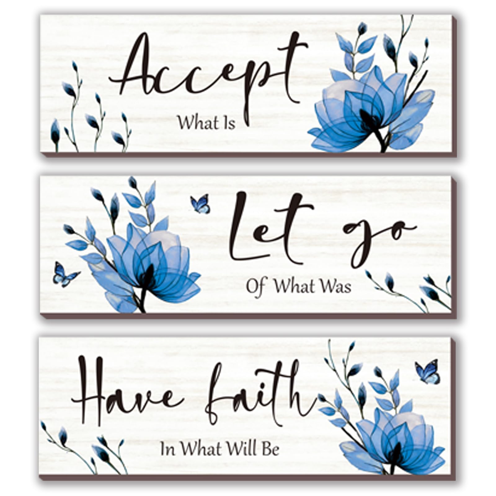 3-Piece Blue Bathroom Decor Set - Rustic Flower Wall Art with Inspirational Quote 