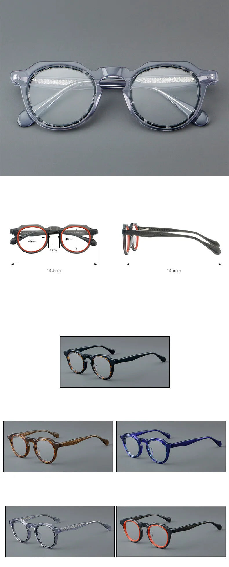 CCspace Unisex Full Rim Flat Top Round Acetate Eyeglasses Frame 301249 - Stylish & Durable for Work, Reading, and Fashion Accessories