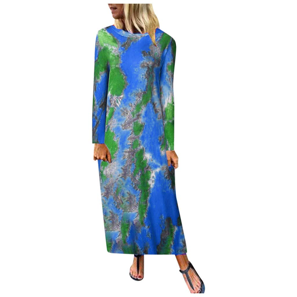 VIVIYY Women's Casual Long Sleeve Tie Dye Print Pocket Dress - O Neck Boho Maxi Dress for Beach, Vacation & Everyday Wear