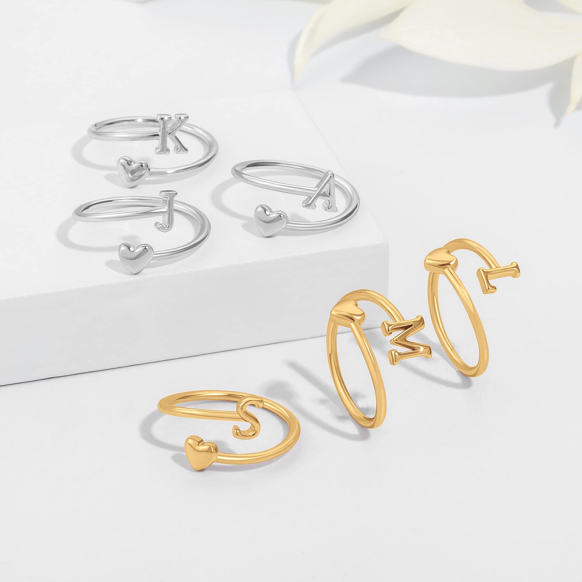 Heart Initial Rings for Women & Teen Girls - Adjustable Stackable Cute Letter Rings - Perfect for Valentine's Day Gifts, Birthday Presents & Everyday Wear