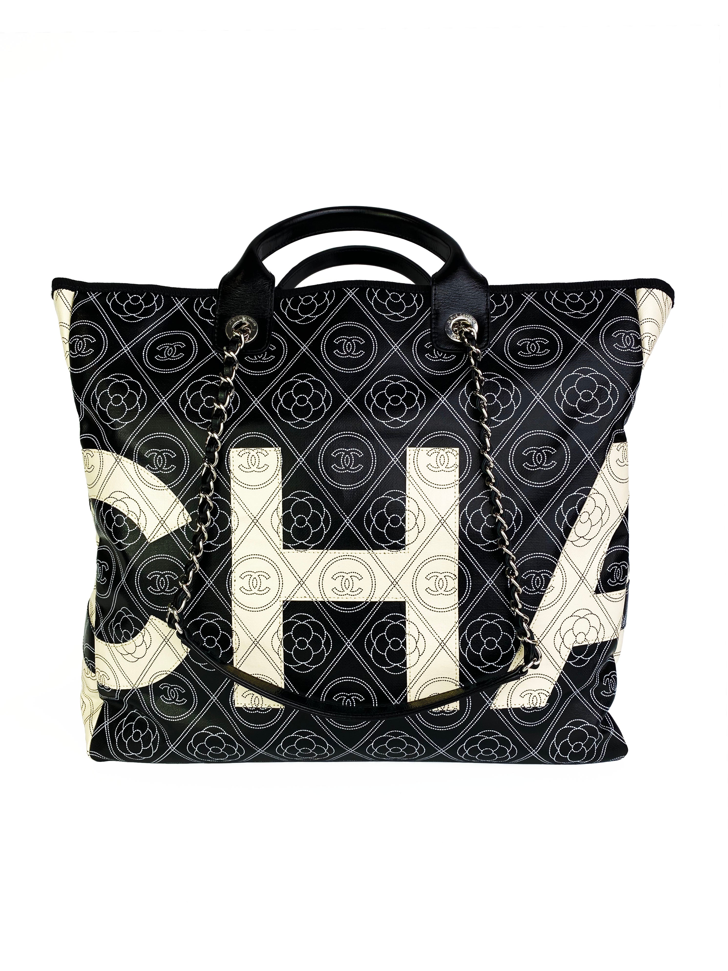 Chanel Black & White Logo Camellia Large Shopping Tote Bag - Luxury Designer Handbag for Women, Perfect for Work, Travel & Everyday Use