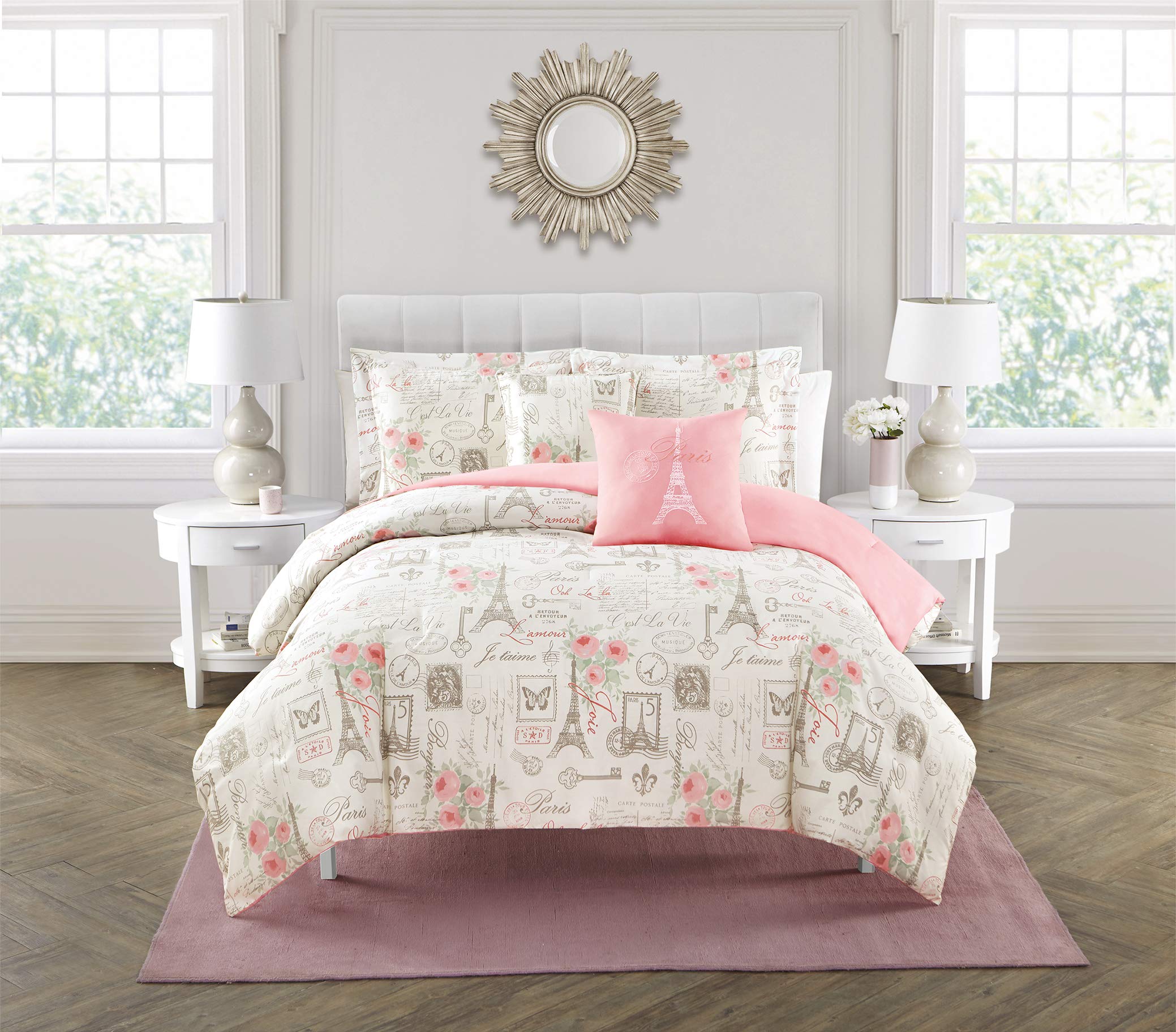 Paris Themed 5-Piece Comforter Set - Super Soft Reversible Bedding with Eiffel Tower, Watercolor Floral & Butterfly Design | French Country Decor in Pink/White | Queen Size for Romantic Bedroom Makeover