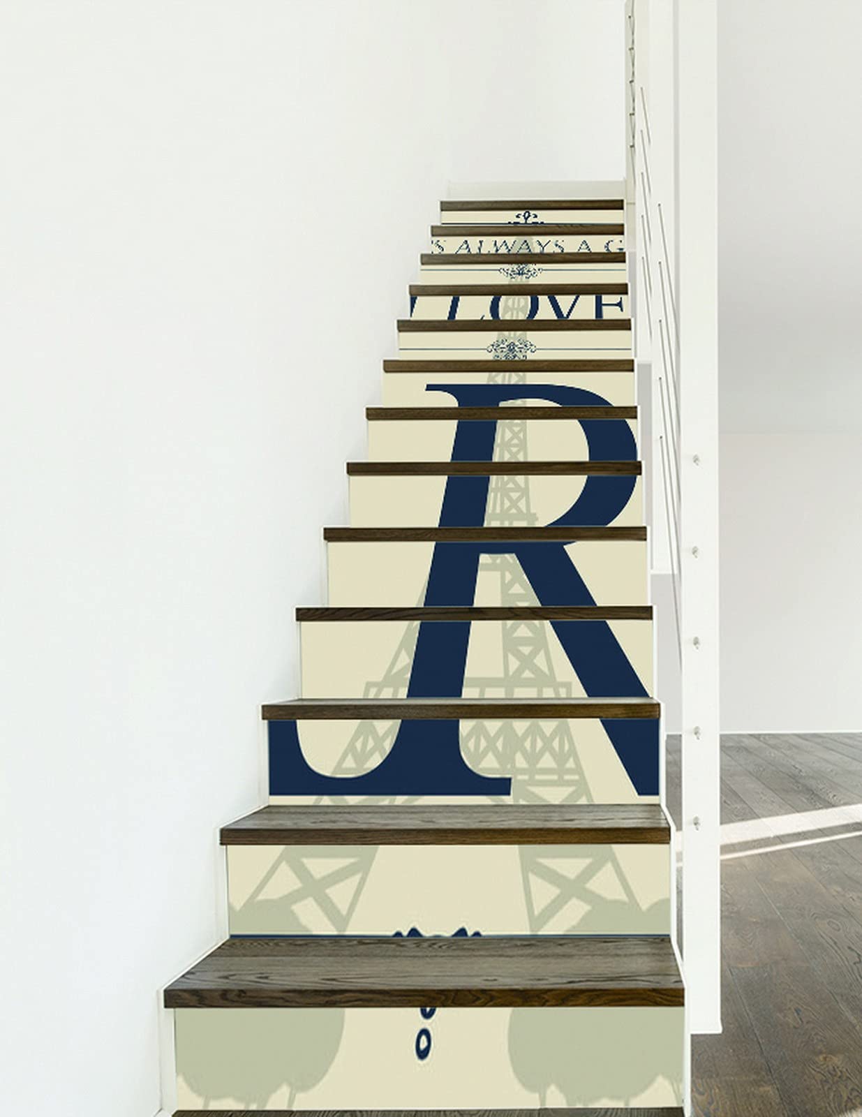 3D Self-Adhesive Removable Stair Decals - Retro Paris Landmarks Design Featuring Eiffel Tower - Waterproof Vinyl Stair Riser Stickers for Kitchen, Tile & Wall Decor - 13-Piece Set (Perfect for Home Renovation, DIY Projects & Apartment Decorating)