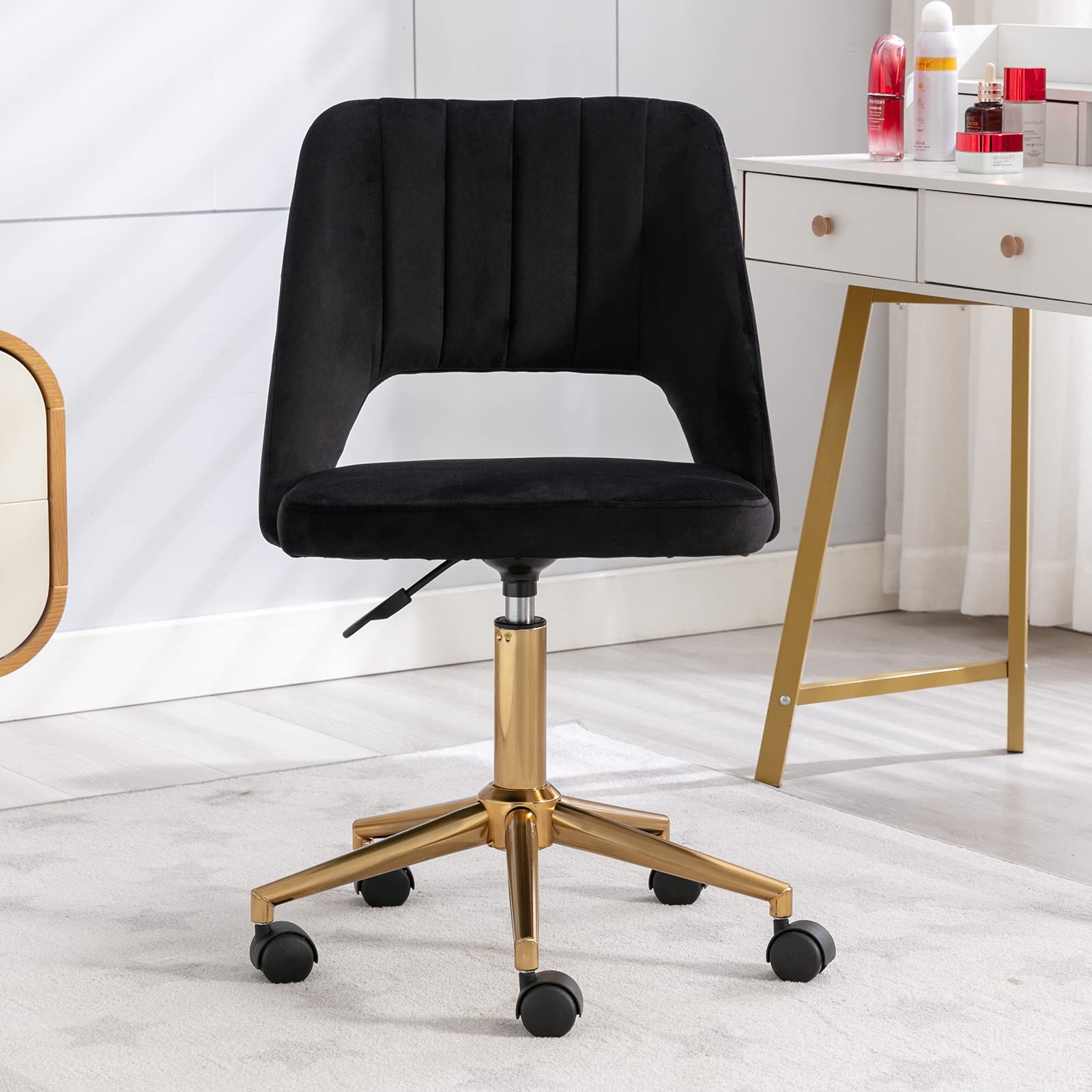 Guyou Upholstered Office Chair - Hollow Back Armless Swivel Stool with Adjustable Height & Brass Base for Home Office, Study, Vanity - Black | Ergonomic Desk Chair for Work, Gaming & Makeup Station