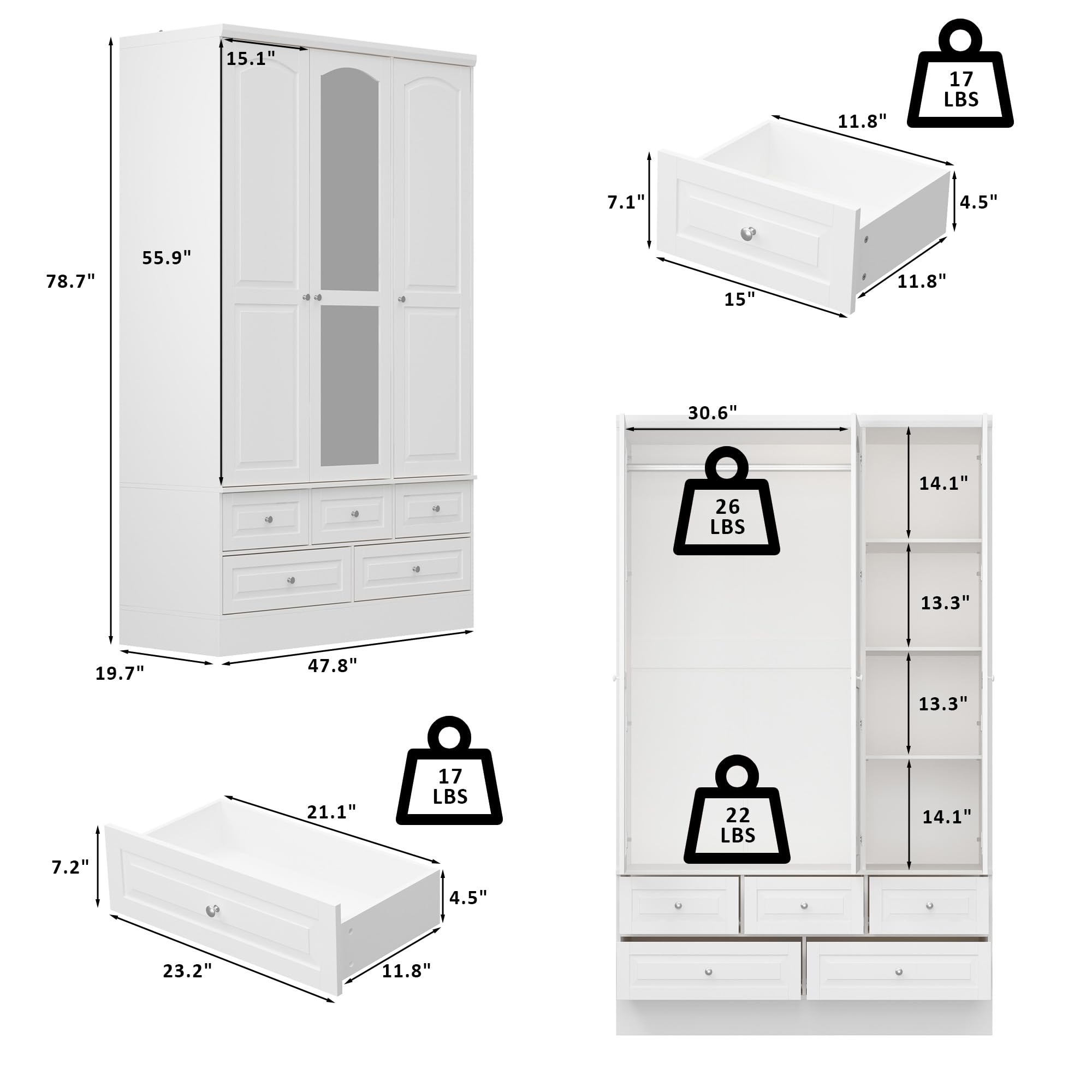Hitow 3-Door Armoire Wardrobe Closet with Mirror, Hanging Rod, Drawers & Shelves - Freestanding Clothes Organizer Cabinet for Bedroom (White) | Perfect for Master Bedroom, Guest Room & Apartment Storage Solutions