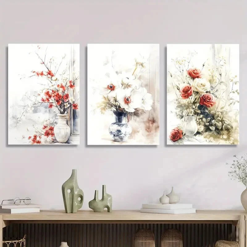 3-Piece Metal Print Wall Art - Floral and Plant Illustrations in Vase, Ready to Hang Home Decor for Living Room, Bedroom & Office