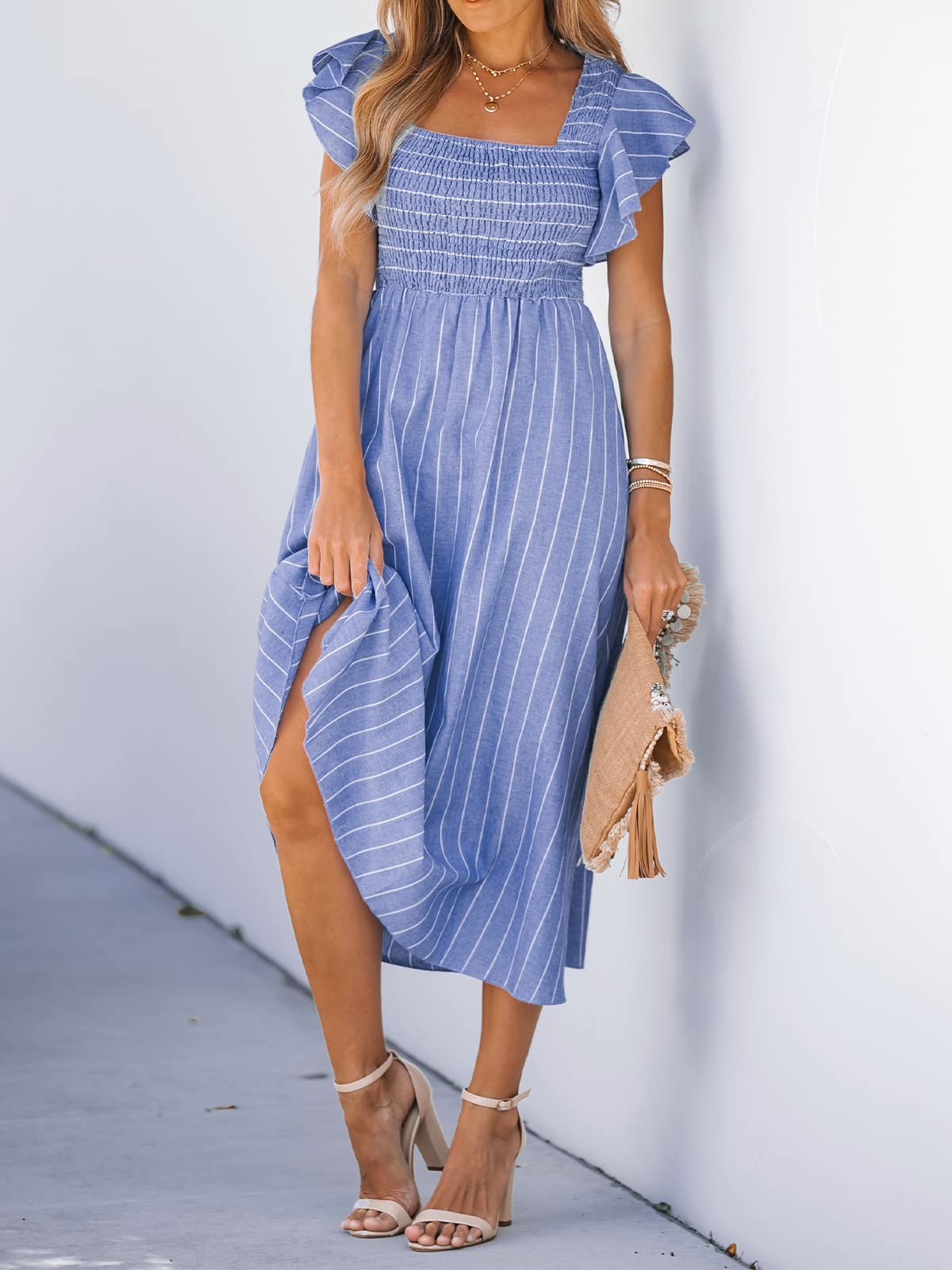 CUPSHE Women's Summer Striped Smocked Maxi Dress with Square Neck & Ruffled Cap Sleeves | A-Line Formal Beach Dress for Vacation, Wedding & Special Occasions