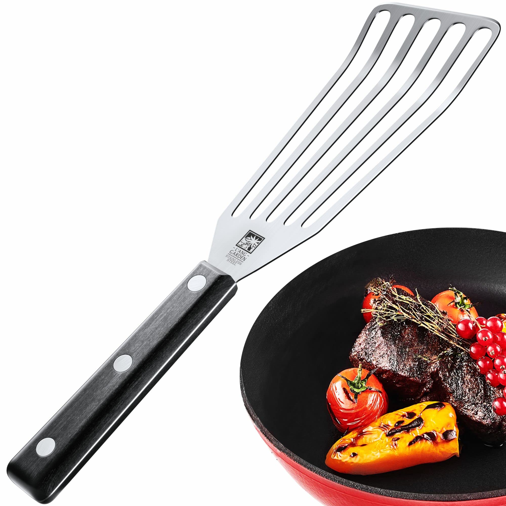 Premium 11-inch Stainless Steel Slotted Fish Spatula - Heat Resistant Flexible Metal Turner for Cooking Fish, Meat & Eggs - Ergonomic ABS Handle for Nonstick Pans - Perfect for Grilling, Flipping & Serving in Professional Kitchens & Home Cooking