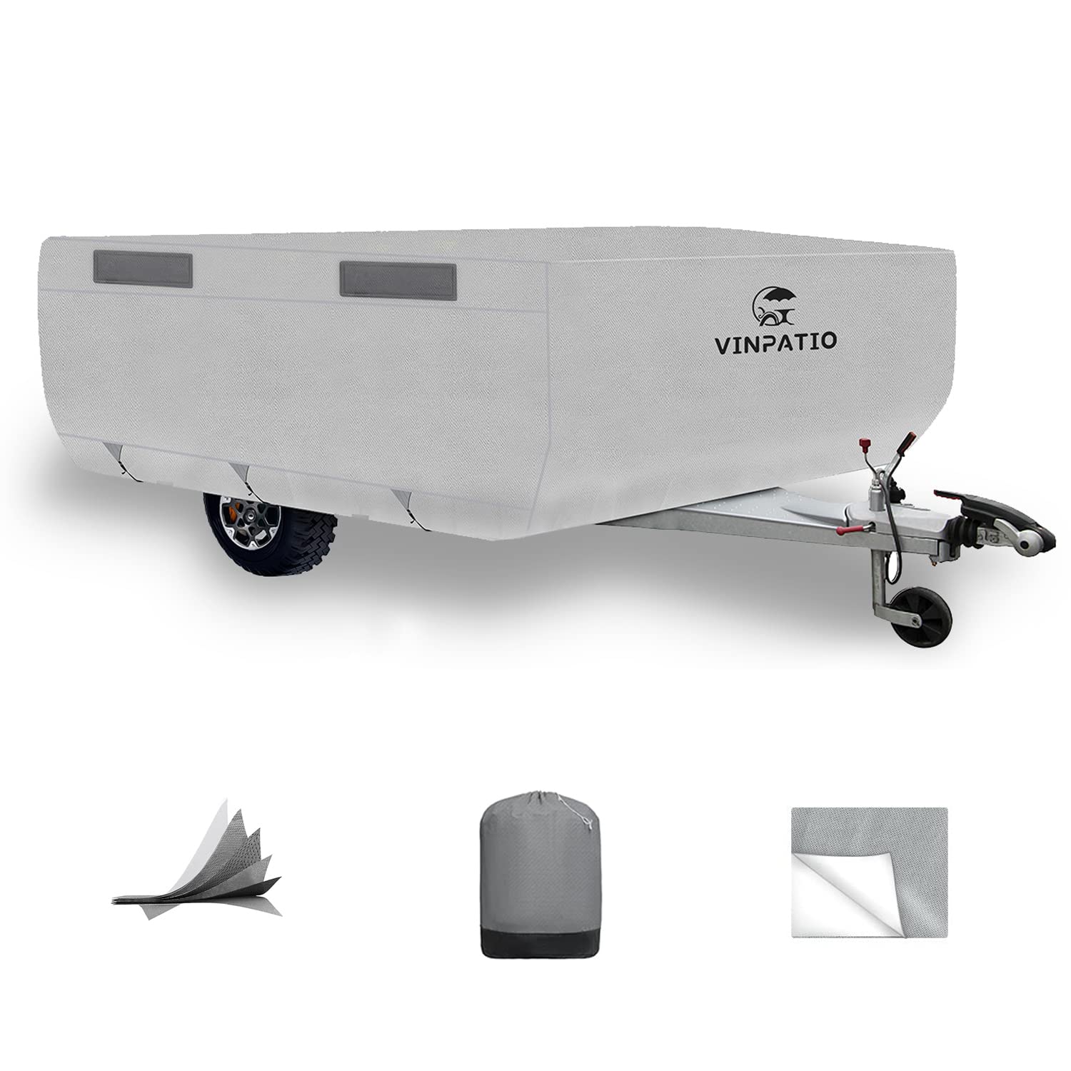 3 Layer Waterproof Pop Up Camper Cover - Heavy Duty Folding Trailer Cover Fits 8'-10' RV Campers (Grey) | All Weather Protection for Outdoor Camping & Storage