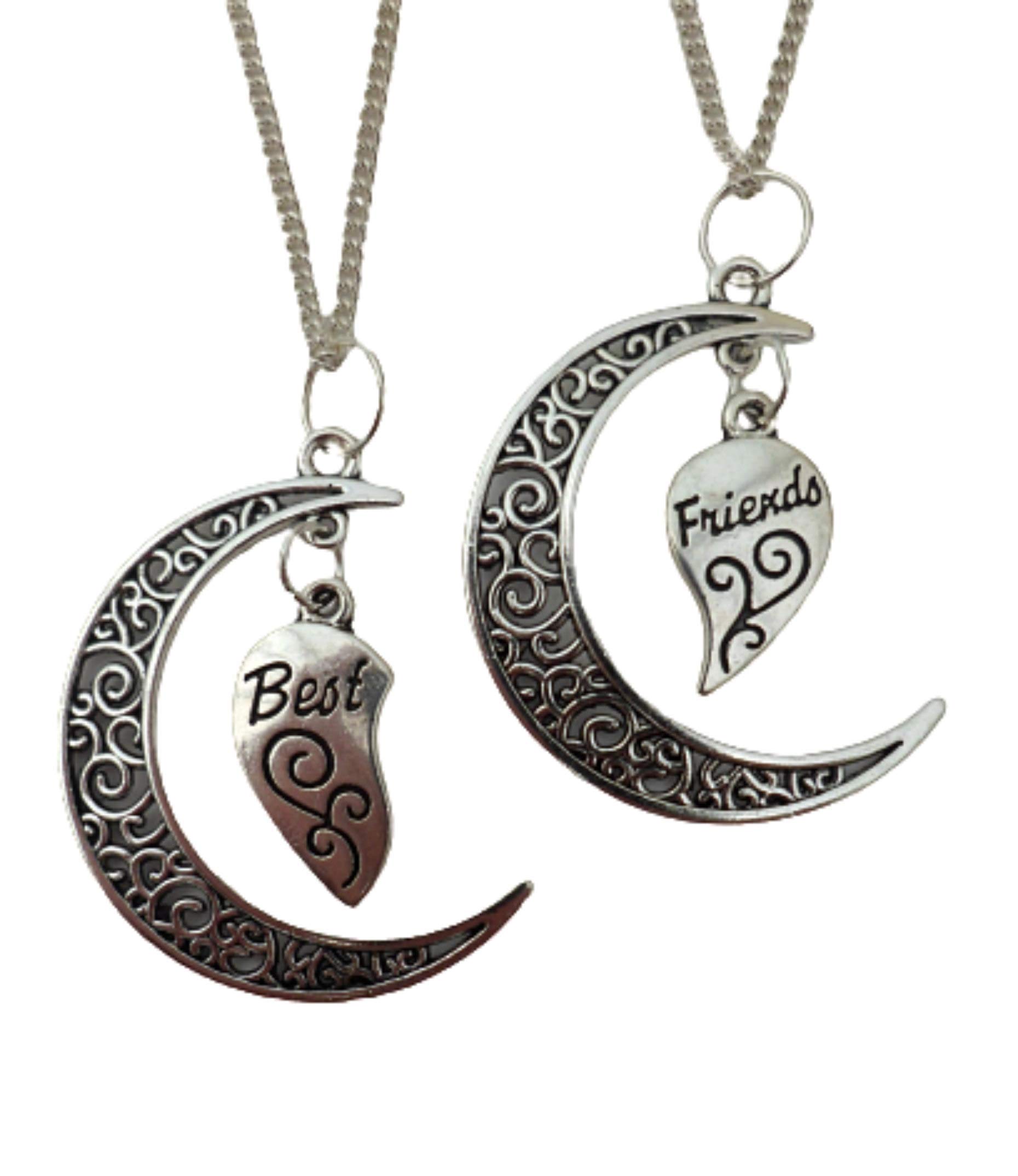 Silver Plated Best Friend Necklace Set - Twin Love Heart & Moon Pendants for Gifts, Anniversaries, and Special Occasions