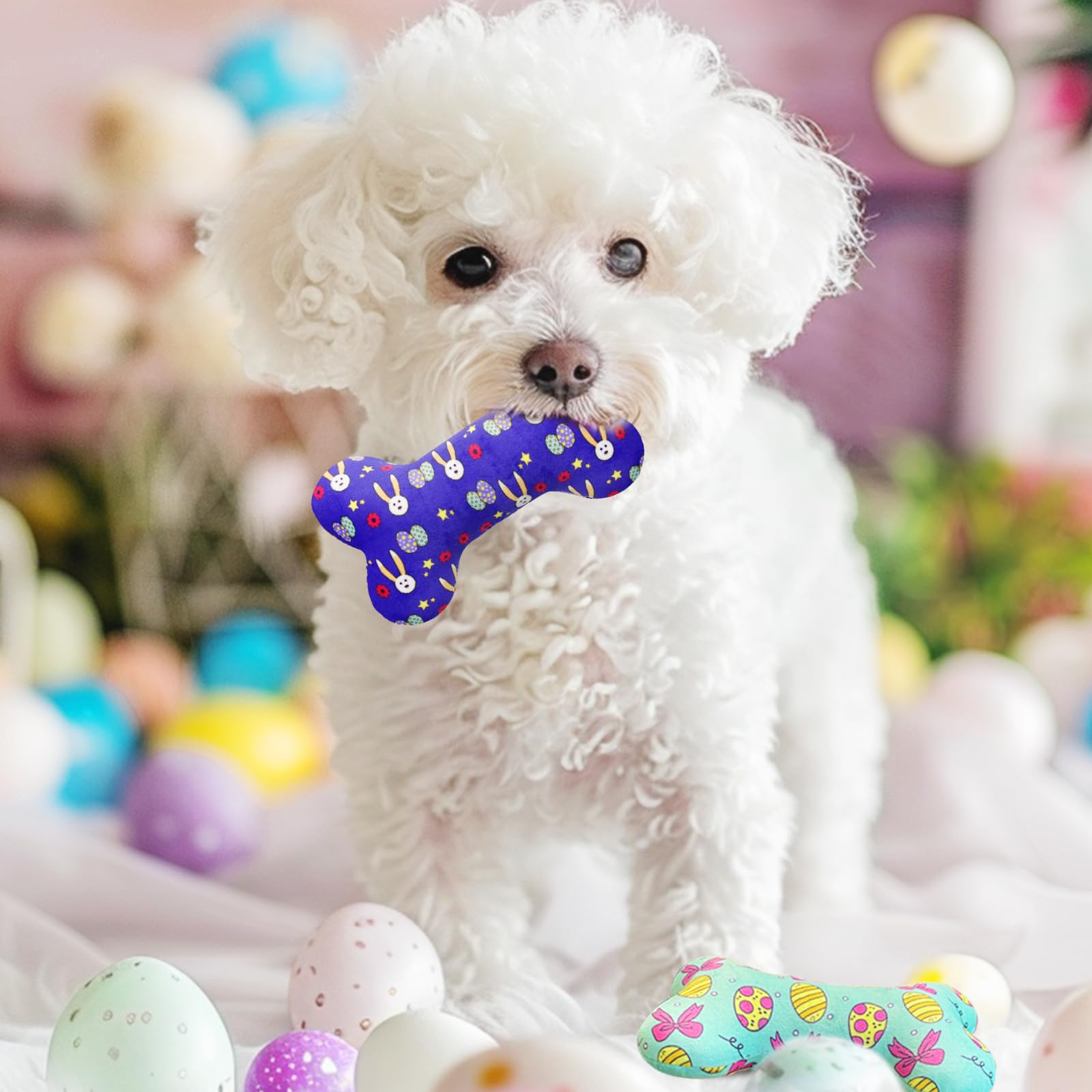 Easter Dog Toys 4 Pack - Plush Squeaky Bone Chew Toys for Small & Medium Dogs - Interactive Pet Gifts for Easter Basket & Spring Playtime