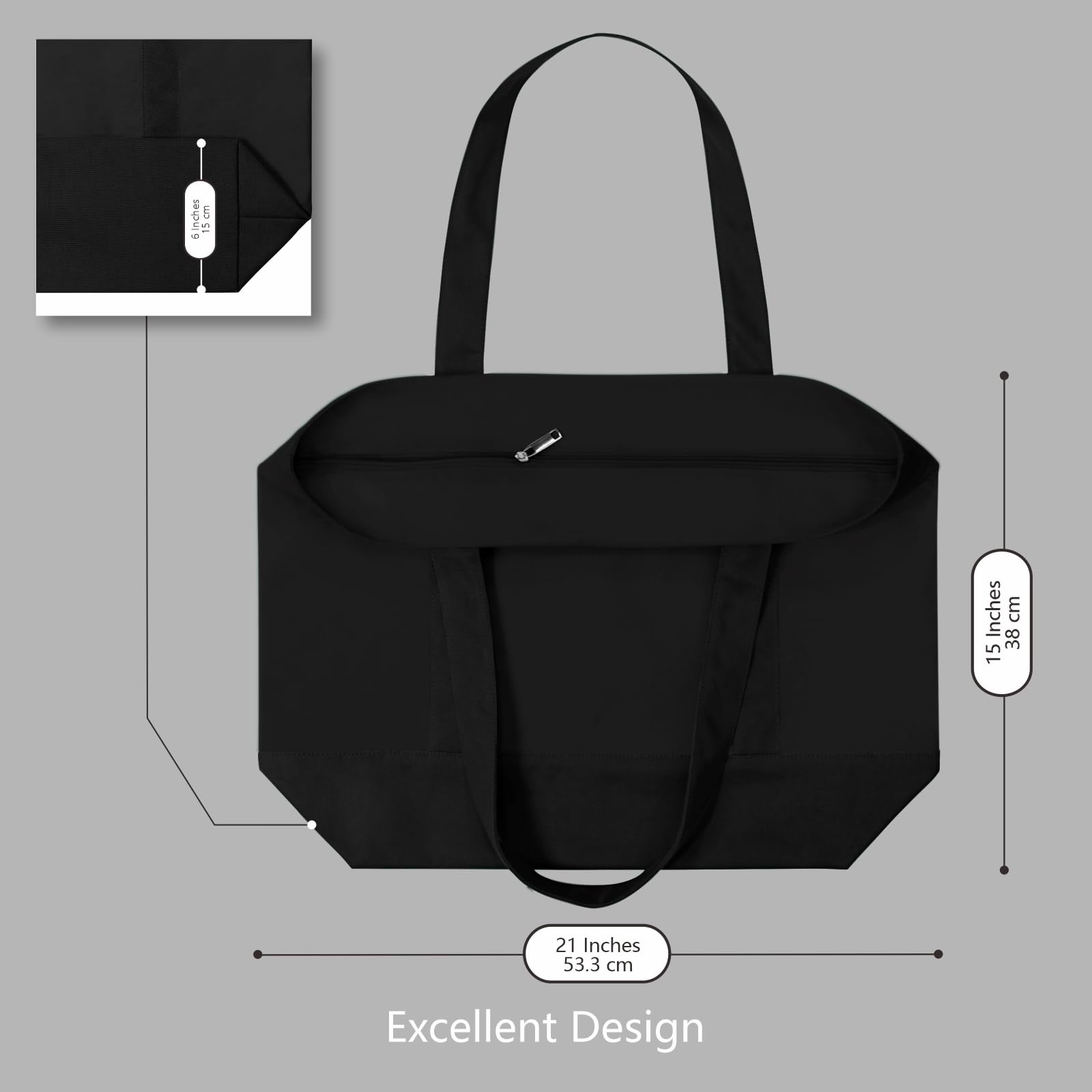 TOPDesign 3-Pack Canvas Tote Bags with External Pocket - Reusable Grocery Shopping Bags with Top Zipper Closure for Daily Essentials (Black) | Perfect for Grocery Shopping, Beach Trips & Work Commute
