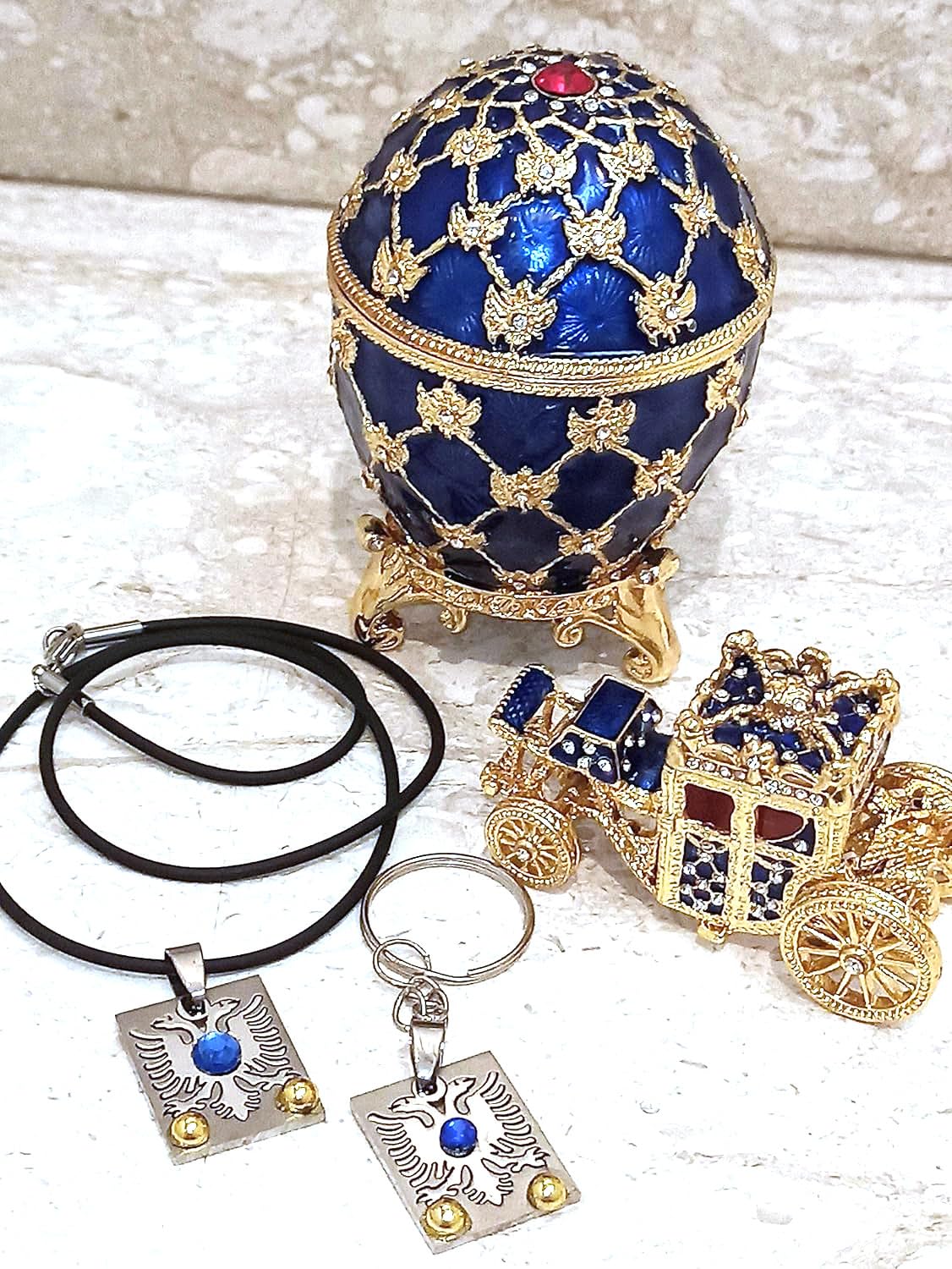 Exquisite Handmade Imperial Faberge Egg Jewelry Box - Pure Gold Decor with Austrian Crystal Diamonds - Luxury Gift Set for Men (Sapphire) - Perfect for Birthday, Christmas & Anniversary Gifts - Elegant Home Decor & Collector's Item