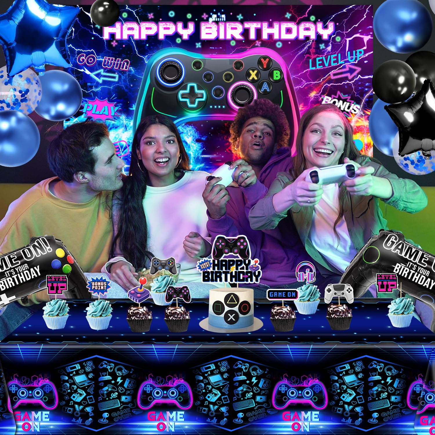 Video Game Birthday Party Decorations Set - Backdrop, Foil Balloons, Tablecloth, Cake Toppers & Balloon Arch Kit for Boys Gaming Theme Celebration | Perfect for Gaming Enthusiast Birthday Parties & Themed Events