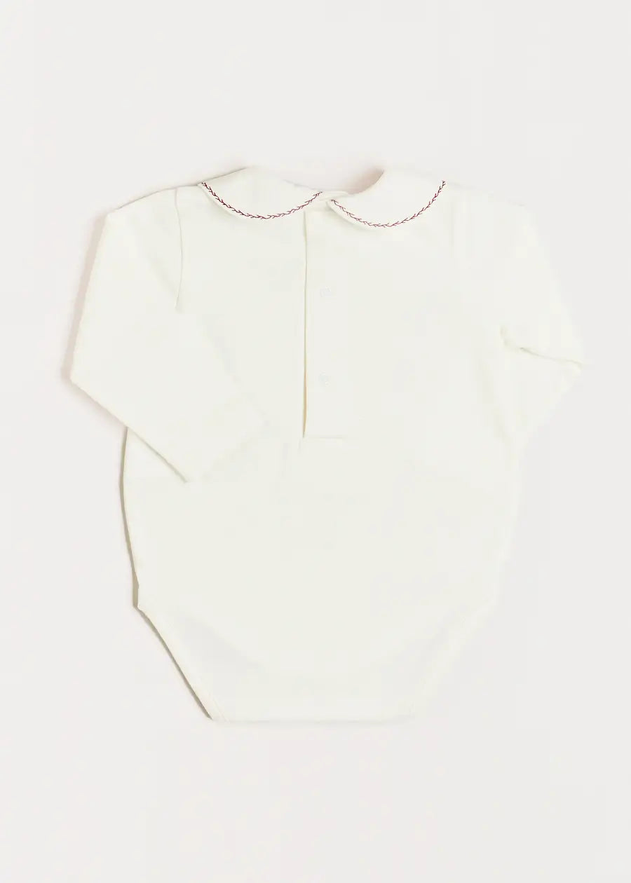 Embroidered Peter Pan Collar Long Sleeve Bodysuit for Baby Girls 1-36 Months - Soft Burgundy Cotton Romper for Newborn to Toddler | Perfect for Family Photos, Holiday Outfits & Everyday Wear