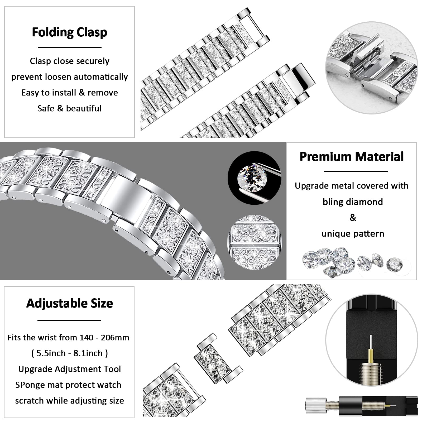Miimall Bling Diamond Rhinestone Stainless Steel Band for Google Pixel Watch 3 41mm/Pixel Watch 2 - Elegant Metal Replacement Strap for Women, Night Out & Special Occasions