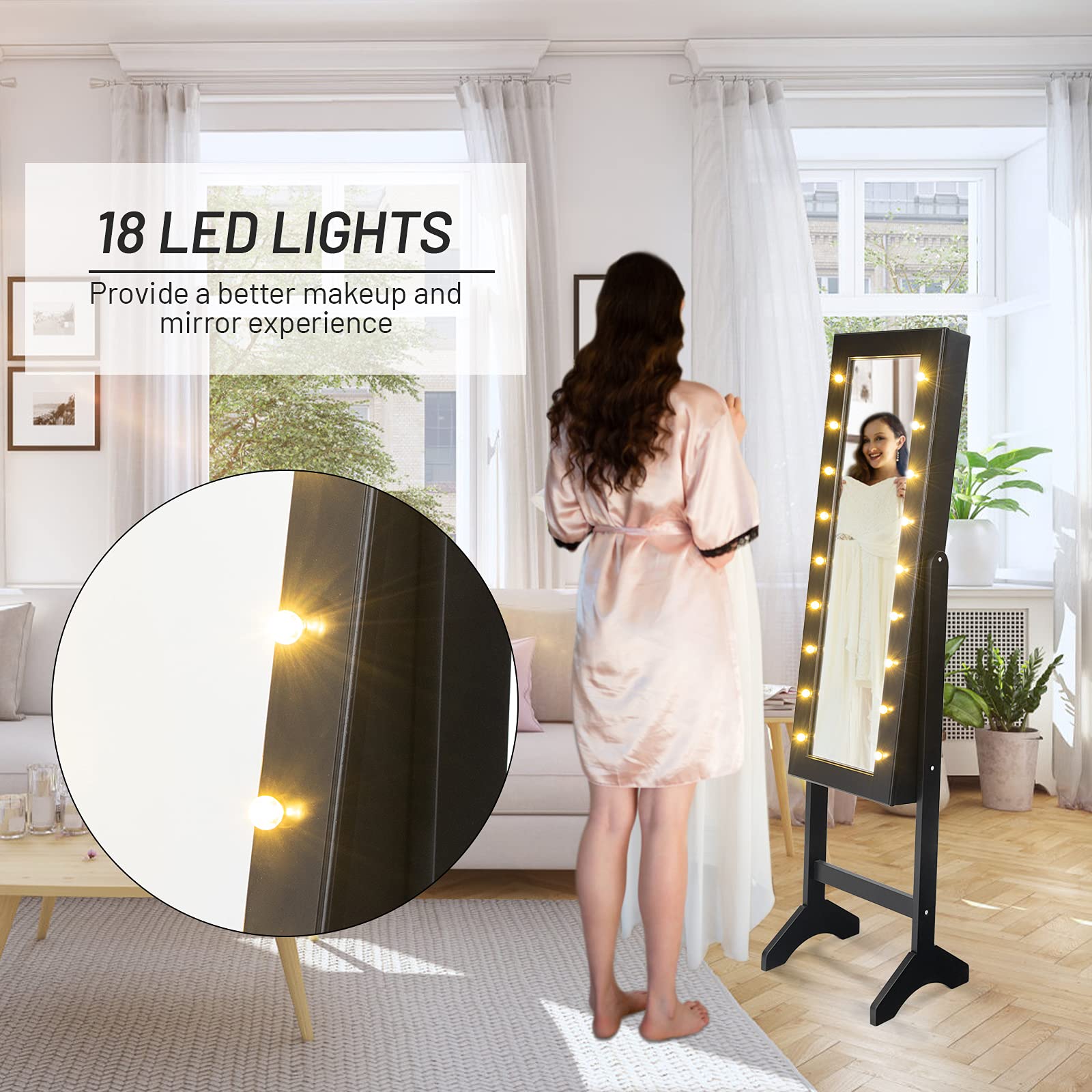 **LDAILY Standing Jewelry Armoire with 18 LED Lights - Mirrored Jewelry Cabinet Organizer for Necklaces, Earrings & Accessories - Full-Length Mirror with Large Storage for Women & Girls (Black) - Perfect for Bedroom, Closet & Dressing Room**