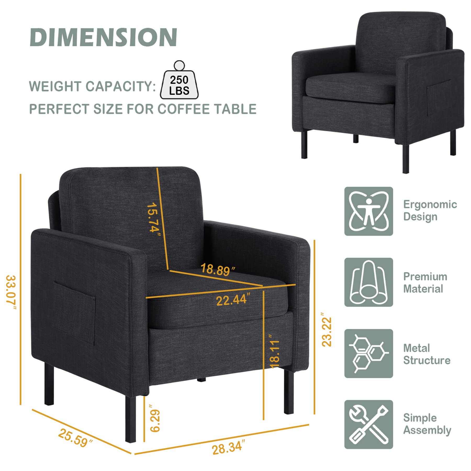 STHOUYN 2-Piece Fabric Accent Chair Set - Small Space Living Room, Bedroom & Office Armchair - Comfy Reading Chair for Adults - Dark Grey (Set of 2) - Perfect for Apartments, Dorms & Cozy Corners